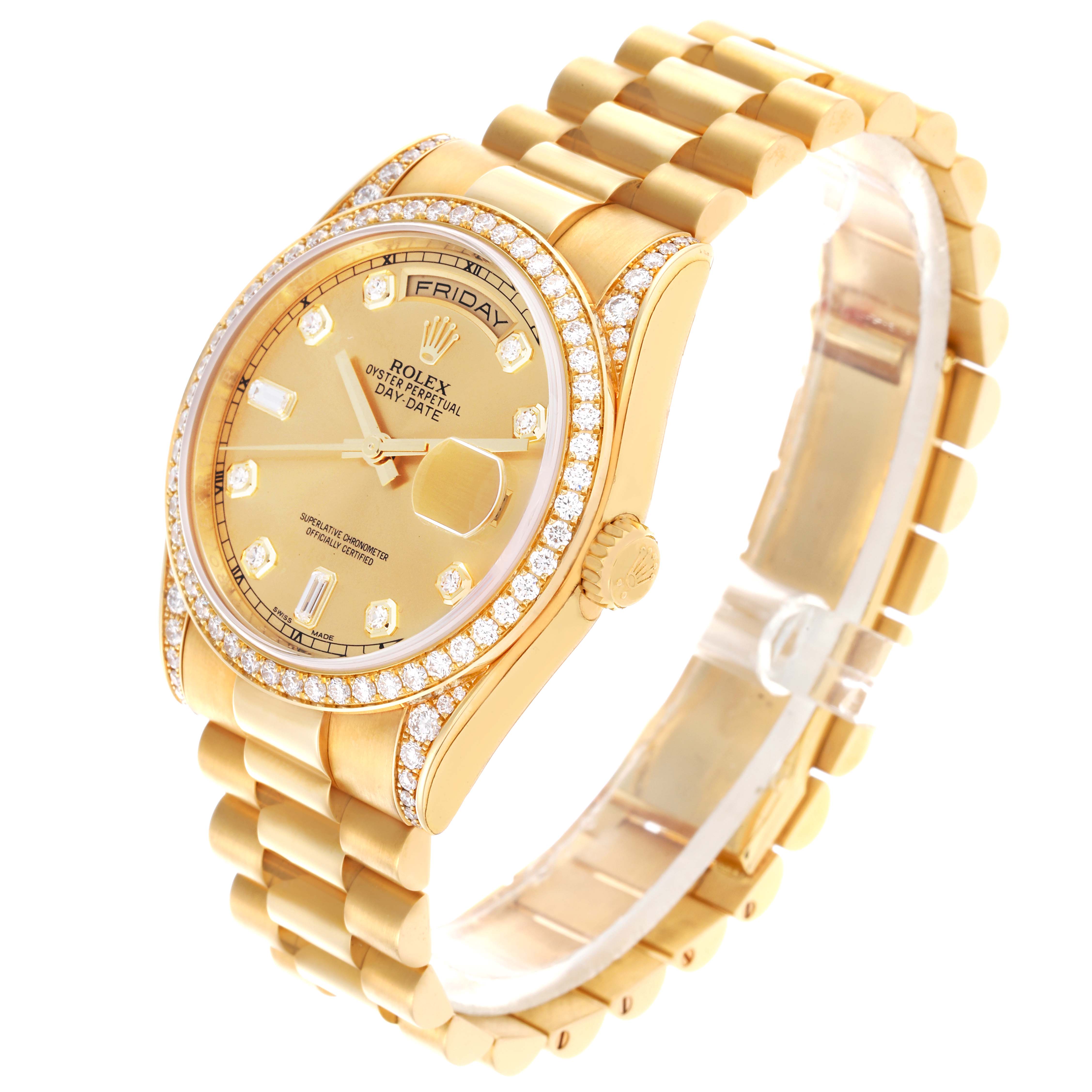 The Rolex President 118388 Men's Yellow Gold Champagne Dial 118388 Men's Yellow Gold Champagne Dial watch is shown at a three-quarter angle displaying the face, bezel, crown, and bracelet.
