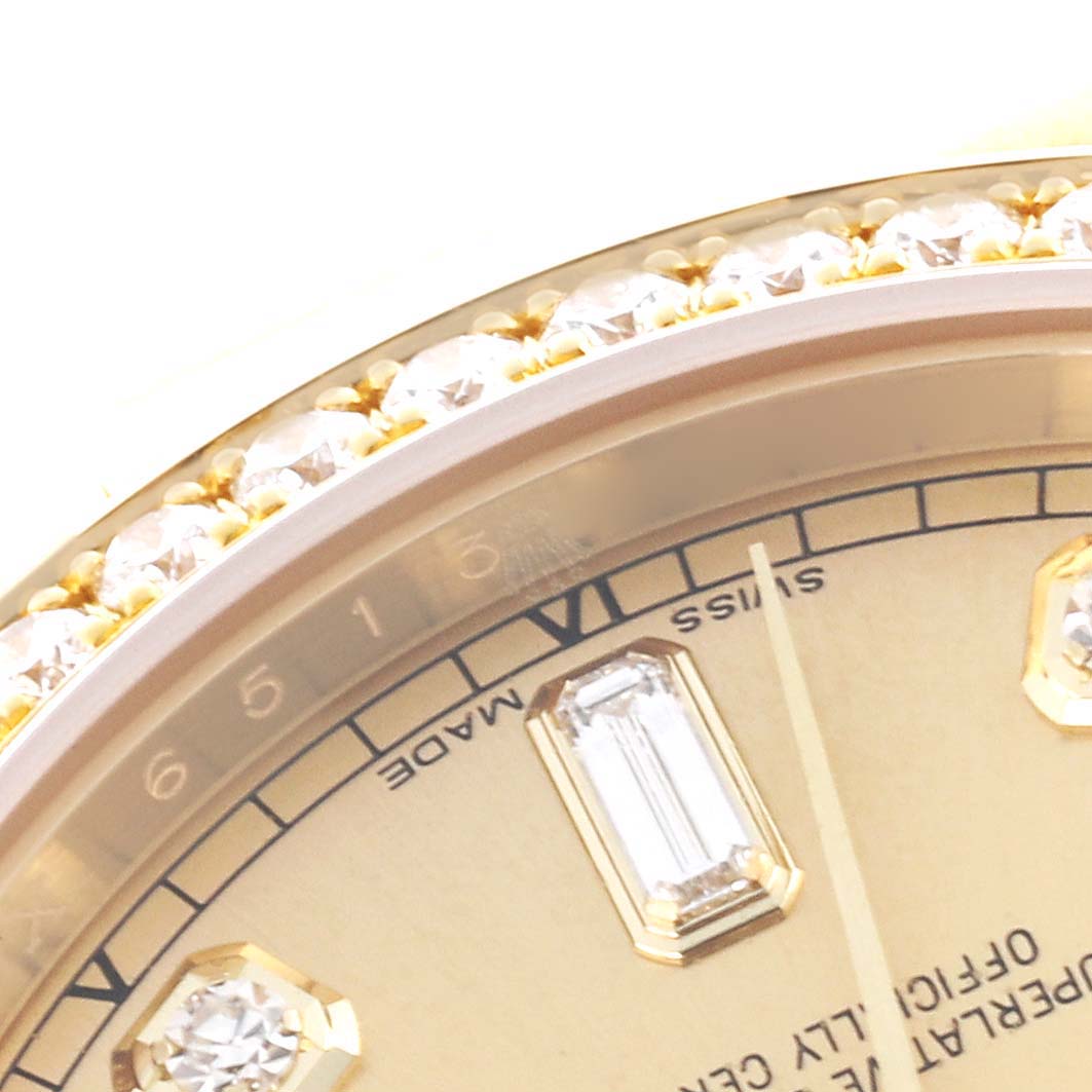 The image shows a close-up of the bezel and part of the dial of a Rolex President 118388 Men's Yellow Gold Champagne Dial 118388 Men's Yellow Gold Champagne Dial watch, highlighting diamond details.