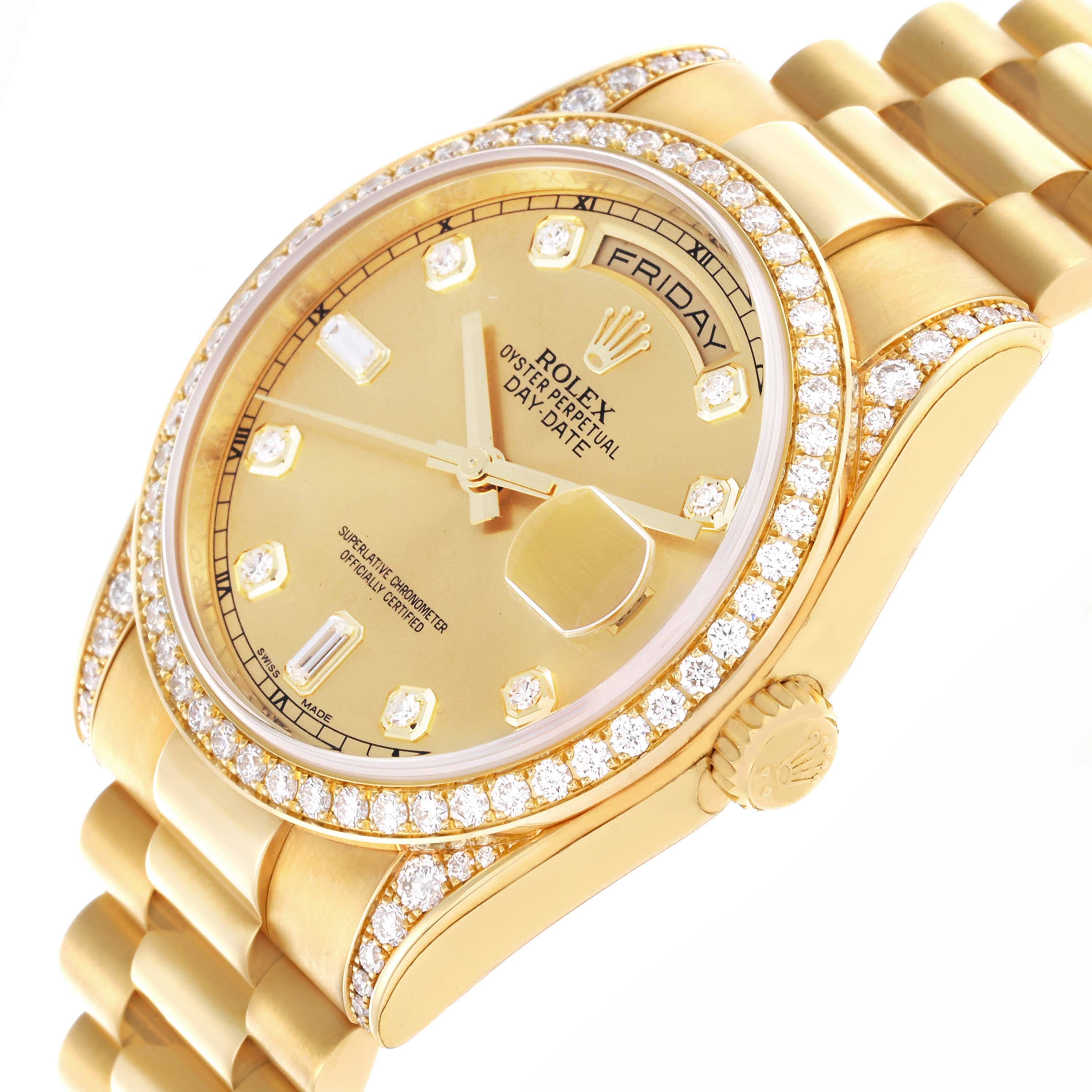 The Rolex President 118388 Men's Yellow Gold Champagne Dial 118388 Men's Yellow Gold Champagne Dial watch is shown from a slightly tilted angle, highlighting the face, diamond bezel, crown, and part of the bracelet.