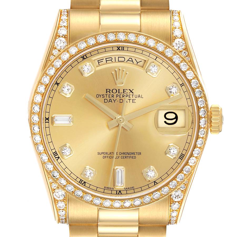 The image shows a frontal view of the Rolex President model, displaying the dial, bezel, bracelet, and crown.