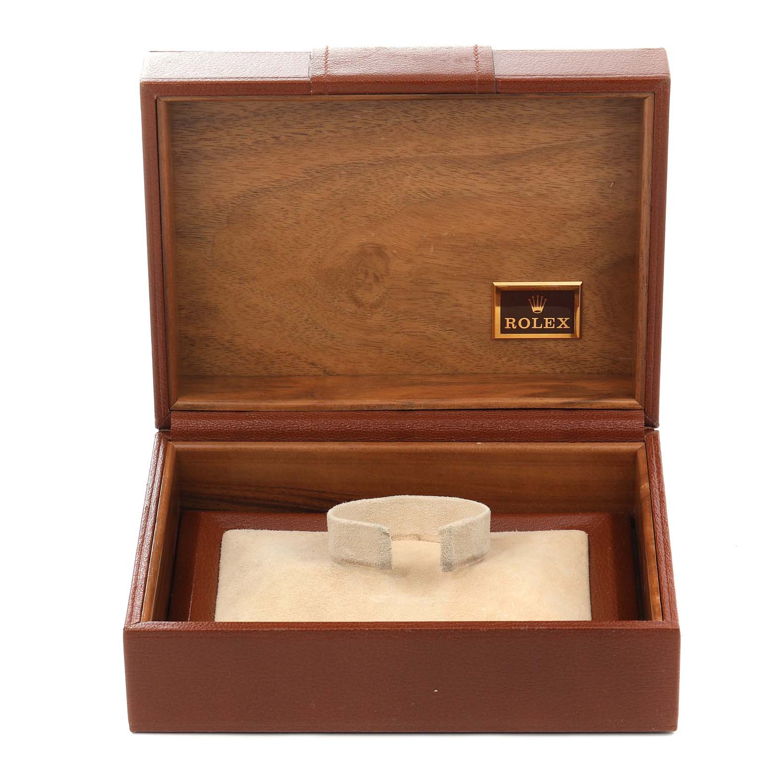 This image shows a Rolex presentation box for the President model, opened to display the watch holder inside.