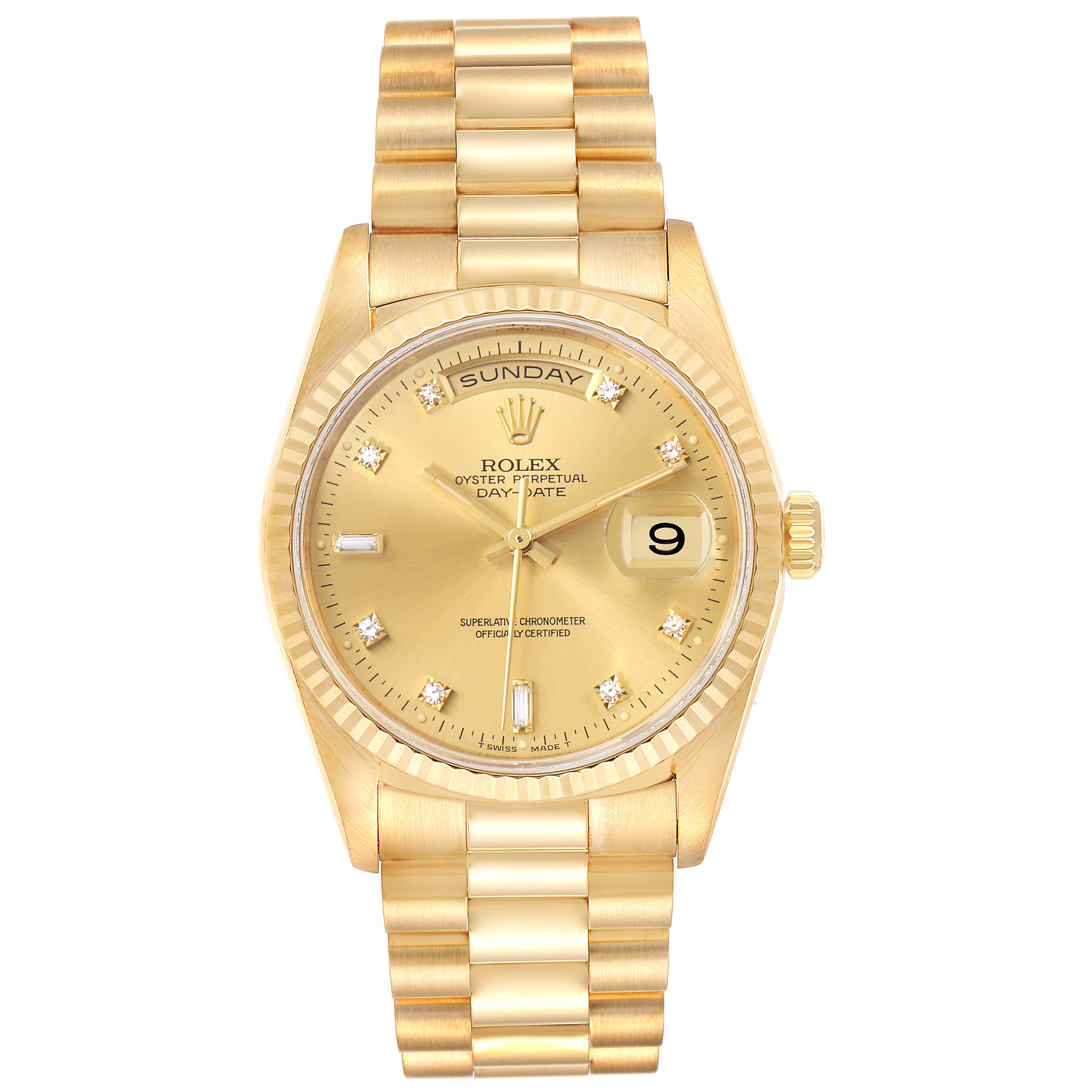 This image shows a front view of a Rolex President 18238 Men's Yellow Gold Champagne Dial 18238 Men's Yellow Gold Champagne Dial Day-Date watch with a gold case, fluted bezel, and signature bracelet.