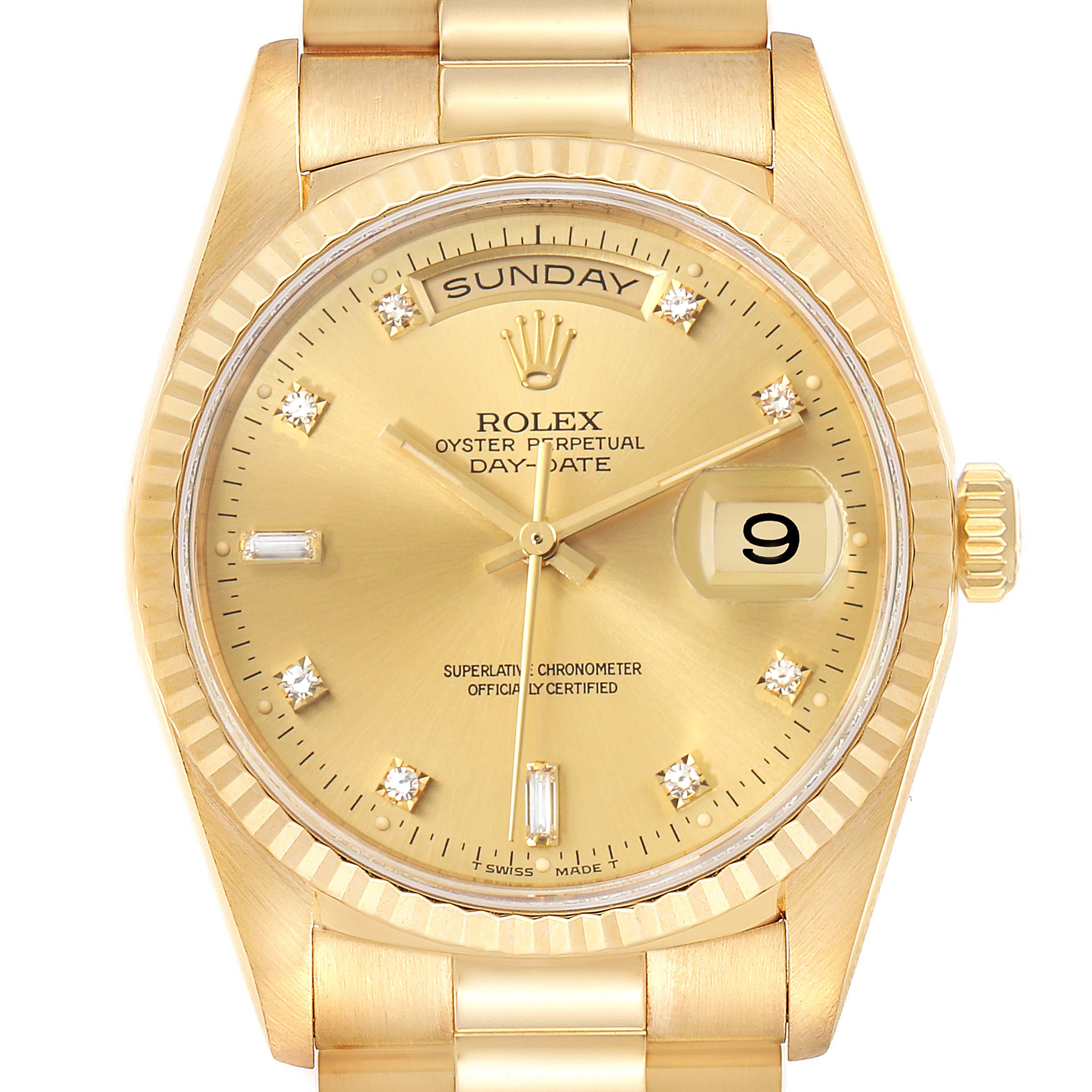 The image shows a front view of the Rolex President 18238 Men's Yellow Gold Champagne Dial 18238 Men's Yellow Gold Champagne Dial model watch showcasing its gold dial, day-date feature, and bracelet.
