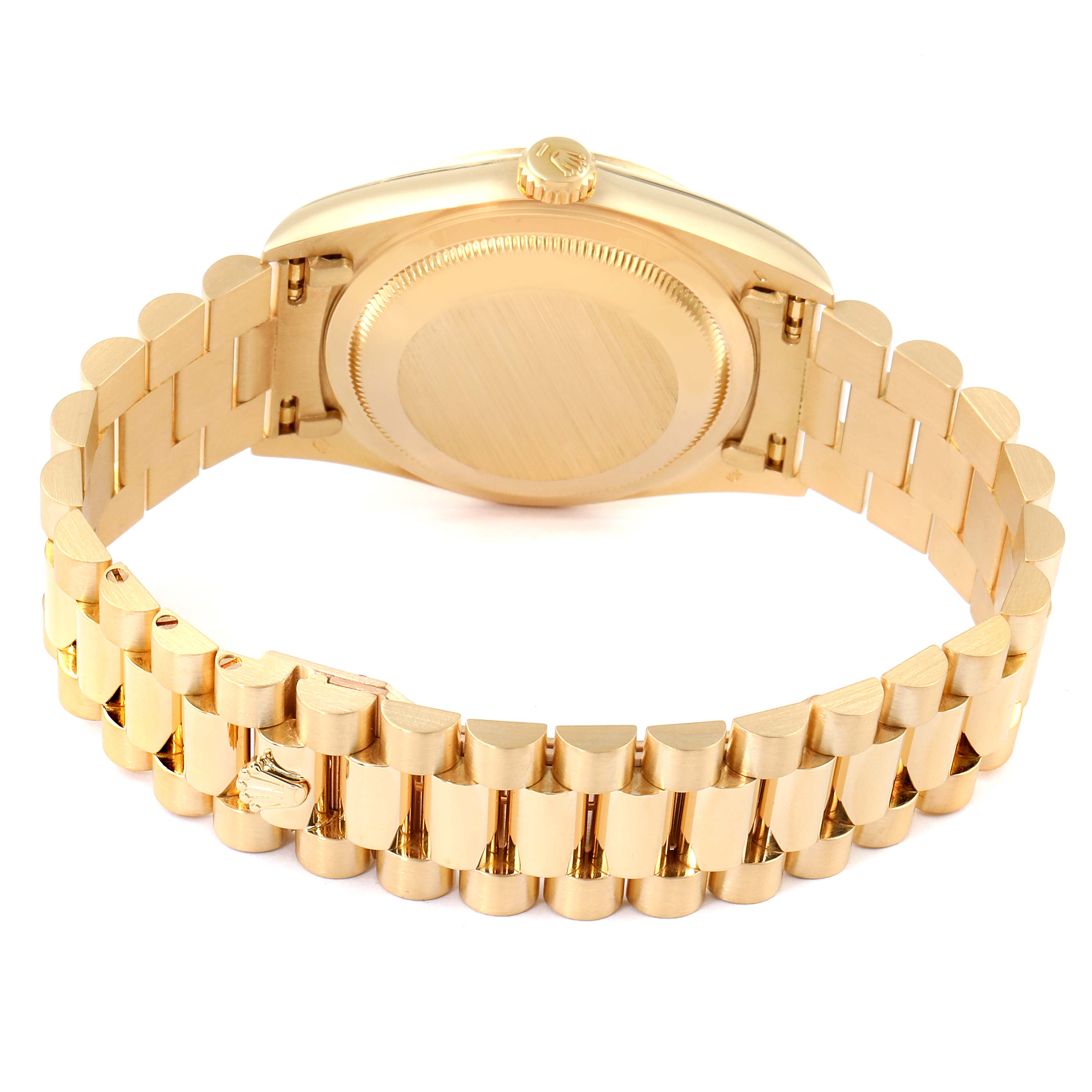 The image shows the back case and bracelet of a Rolex President 18238 Men's Yellow Gold Champagne Dial 18238 Men's Yellow Gold Champagne Dial model watch, viewed from the rear.