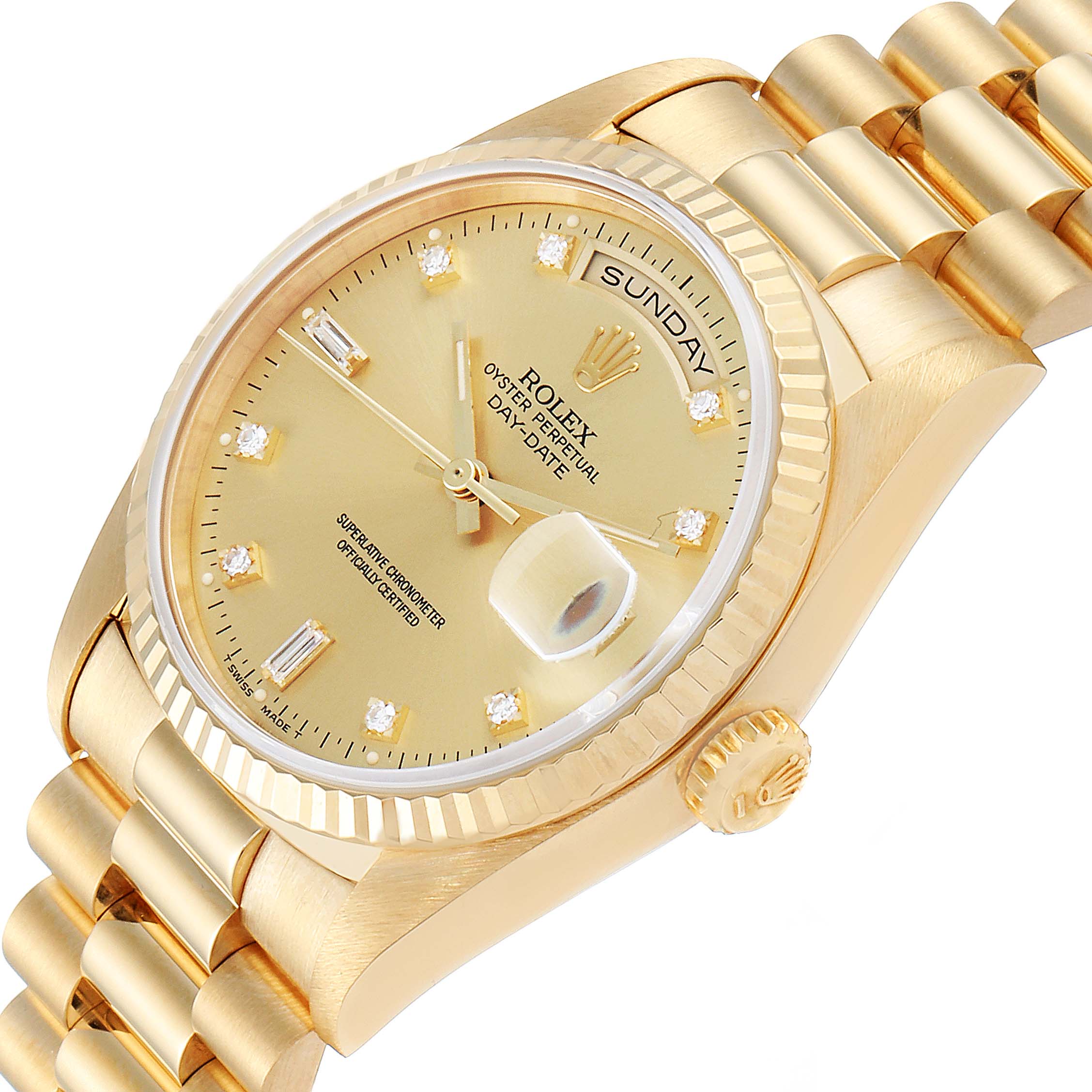 This is a close-up angled view of a Rolex President 18238 Men's Yellow Gold Champagne Dial 18238 Men's Yellow Gold Champagne Dial model watch, showcasing its gold dial, day-date display, and bracelet.