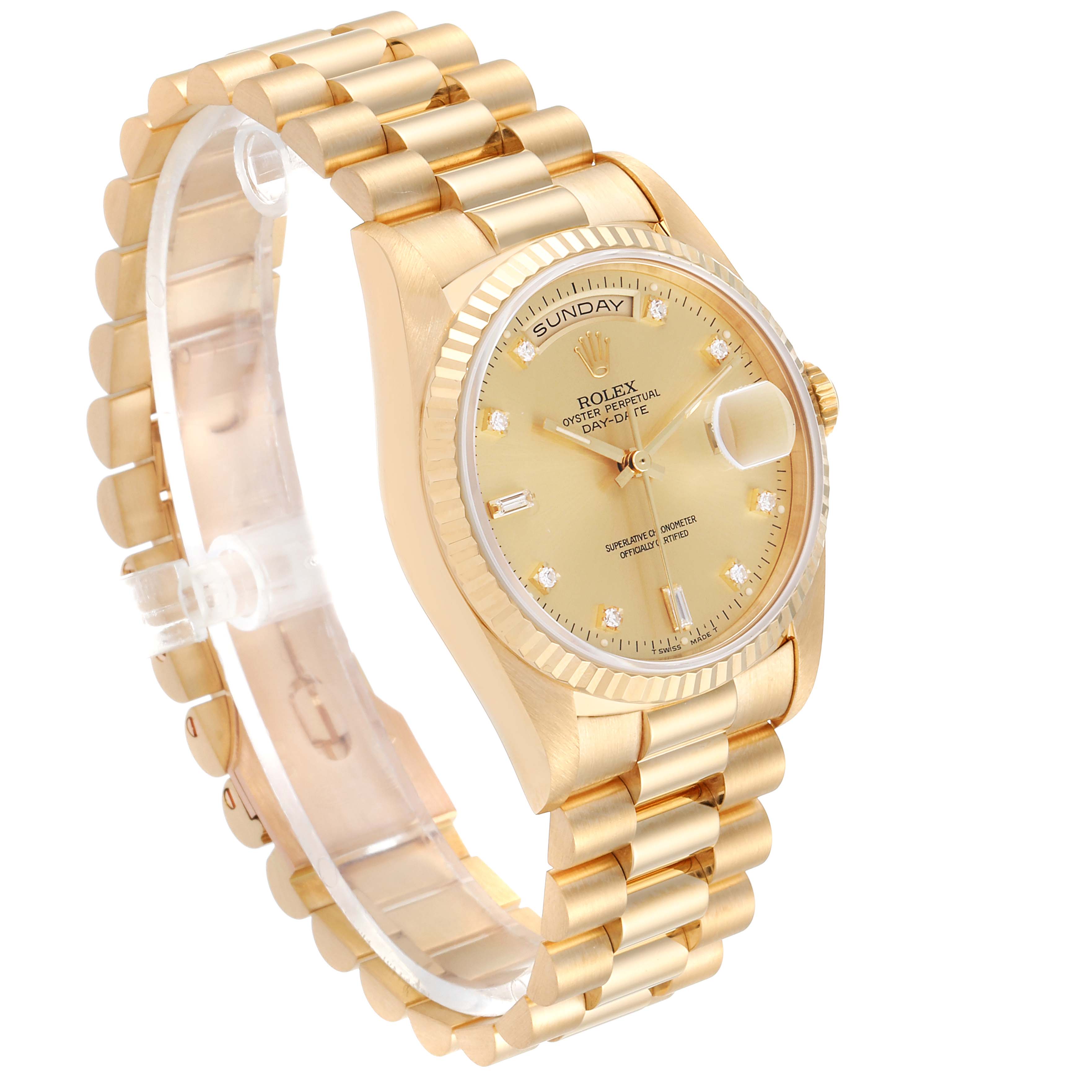 The image showcases a Rolex President 18238 Men's Yellow Gold Champagne Dial 18238 Men's Yellow Gold Champagne Dial model watch, angled slightly from an overhead perspective, highlighting its gold bracelet and dial.