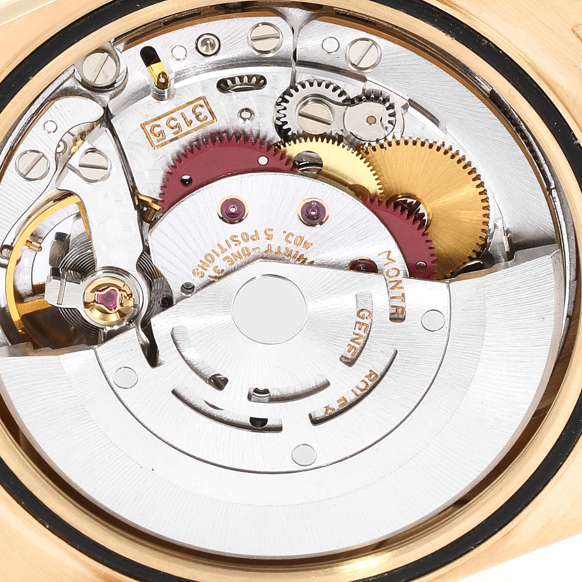 This image shows the internal mechanical movement and gears of a Rolex President 18238 Men's Yellow Gold Champagne Dial 18238 Men's Yellow Gold Champagne Dial model watch.