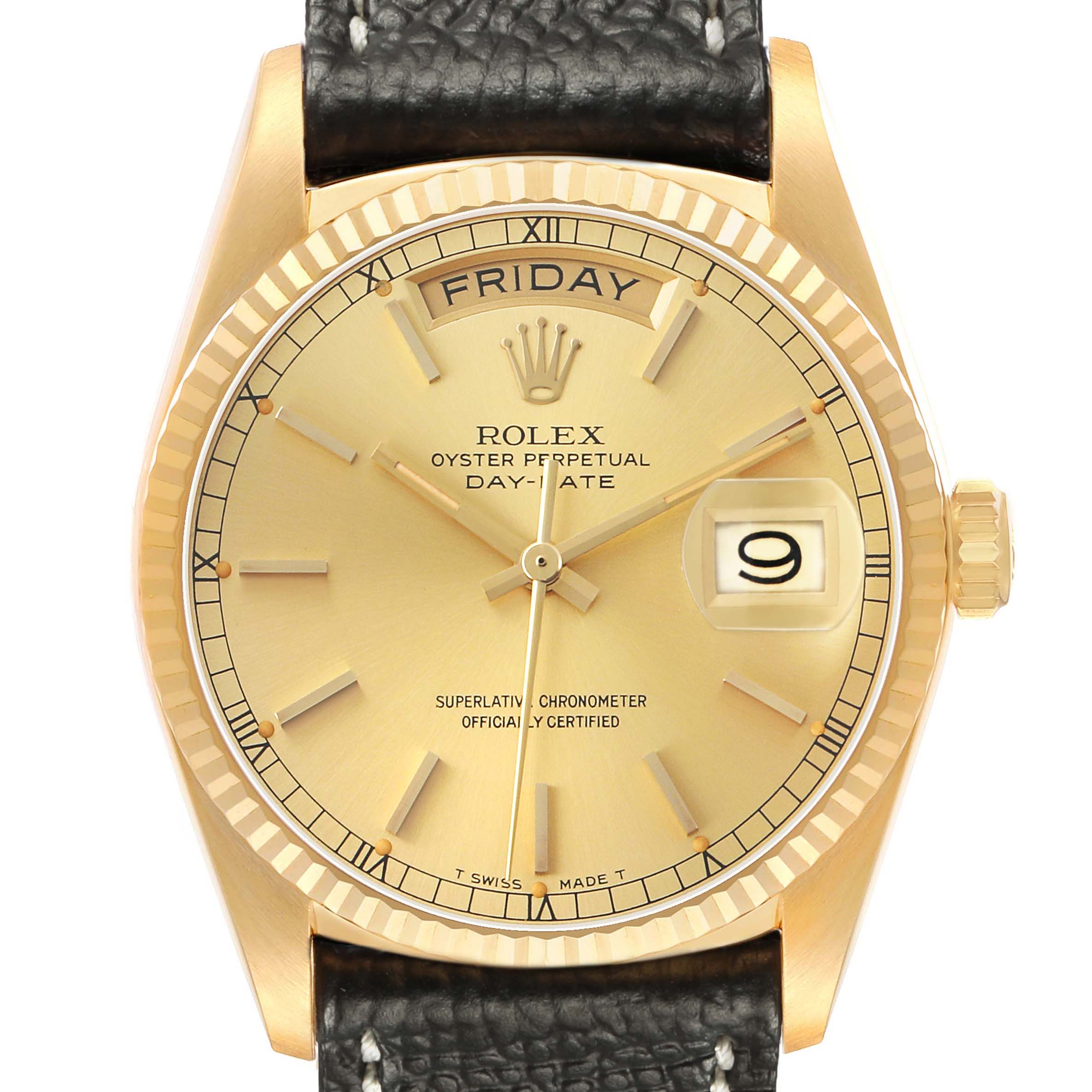 The image shows a frontal view of the Rolex President 18038 Men's Yellow Gold Champagne Dial model, displaying its dial, bezel, crown, and part of the strap.
