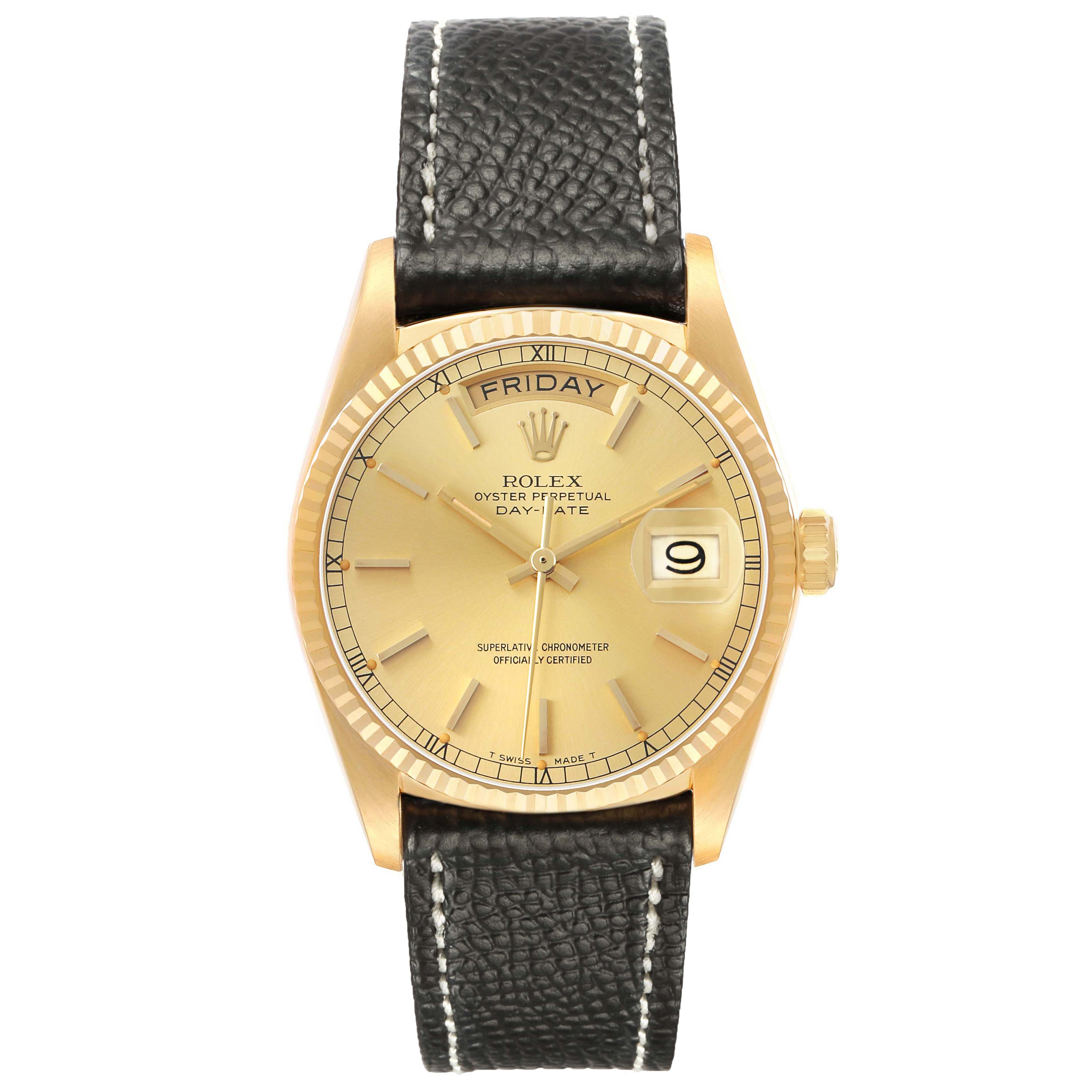 The Rolex President 18038 Men's Yellow Gold Champagne Dial model is shown from the front, displaying the dial, day-date functions, and leather strap.