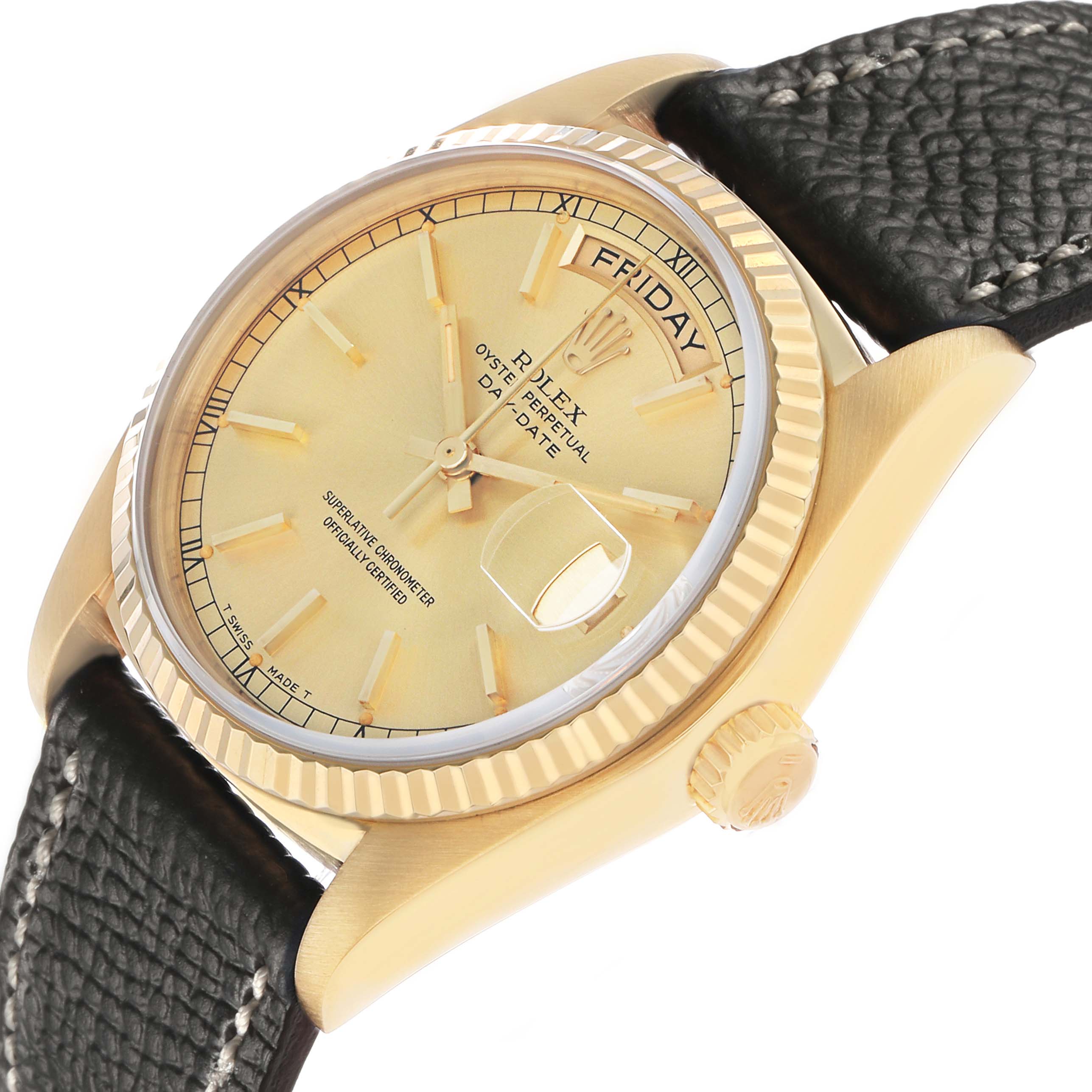 The Rolex President 18038 Men's Yellow Gold Champagne Dial watch is shown at a side angle, highlighting the dial, bezel, and strap connection.