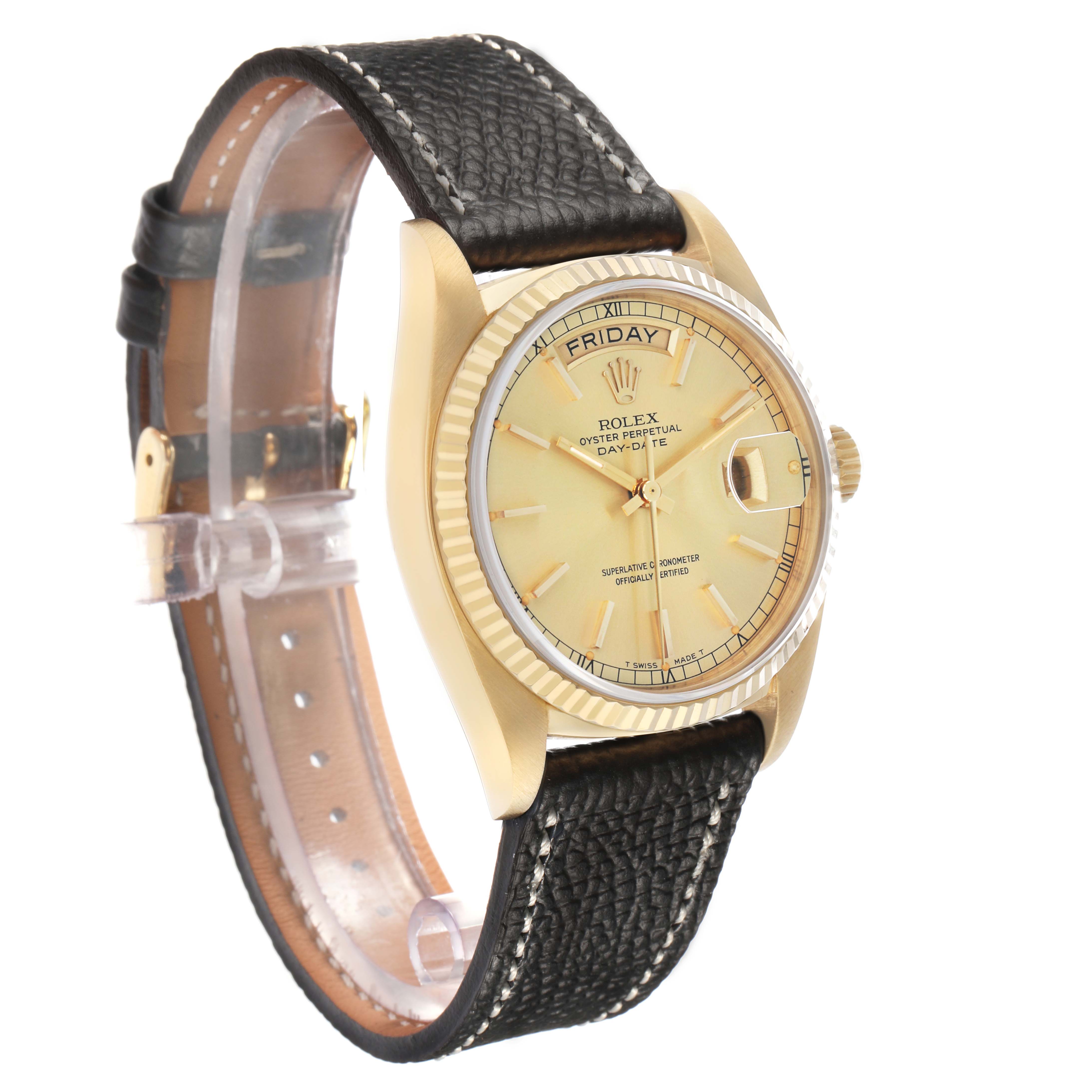 The Rolex President 18038 Men's Yellow Gold Champagne Dial watch is shown at a left-side angle, displaying the dial, bezel, and black leather strap.