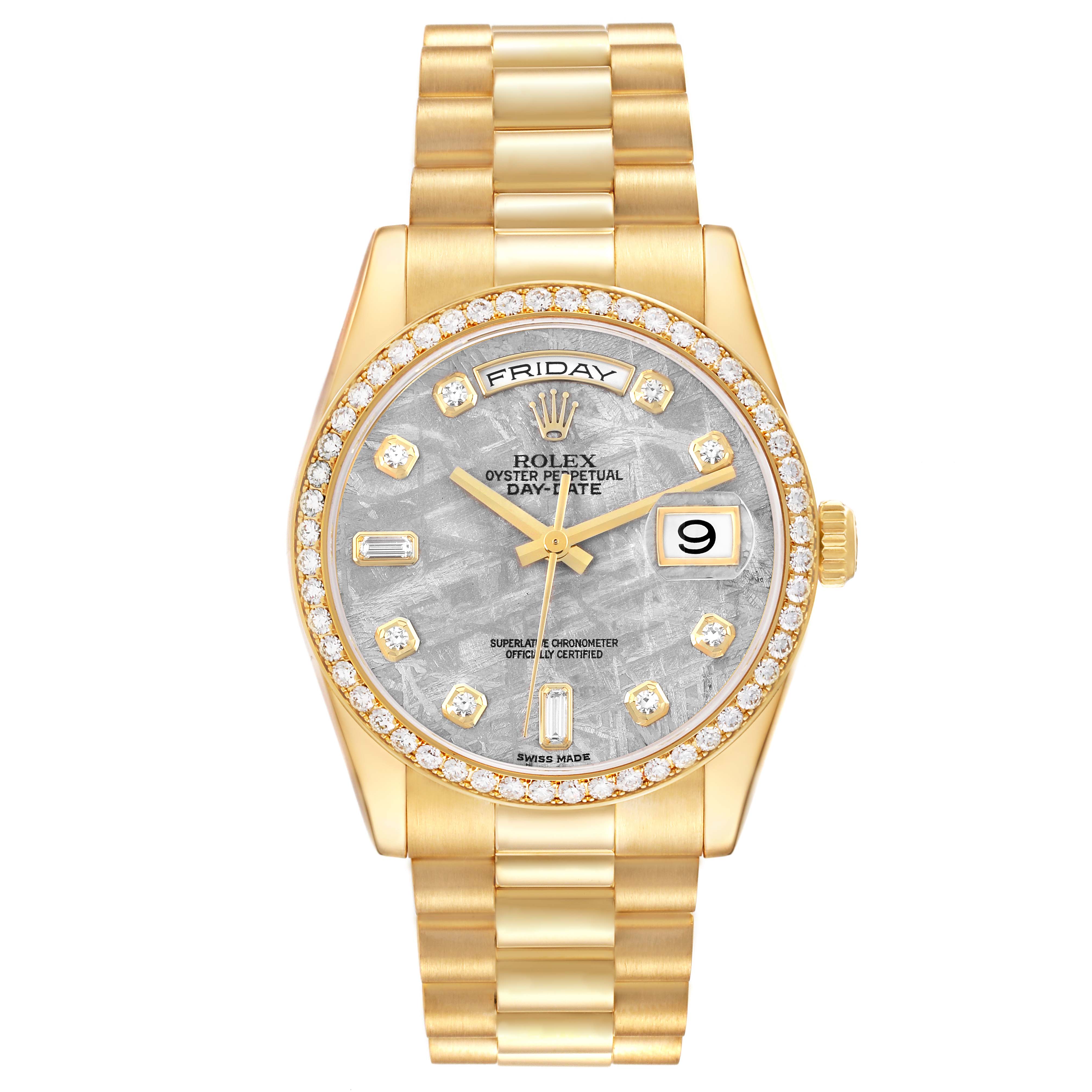 The Rolex President 118348 Men's Yellow Gold Silver Dial 118348 Men's Yellow Gold Silver Dial model is shown from the front, displaying the full face, hands, bracelet, and bezel with diamond accents.