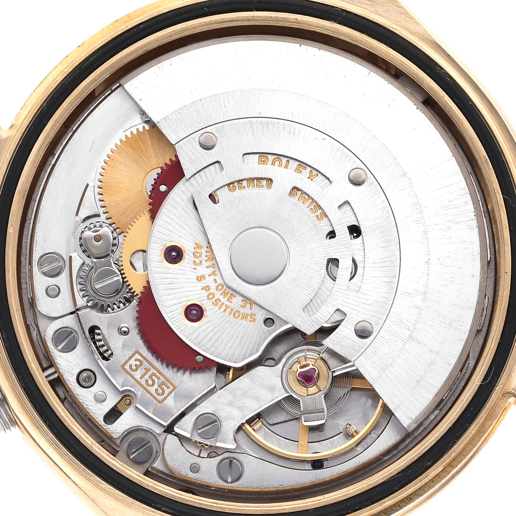 This image shows the inner mechanical movement of the Rolex President 118348 Men's Yellow Gold Silver Dial 118348 Men's Yellow Gold Silver Dial watch from a top-down angle.