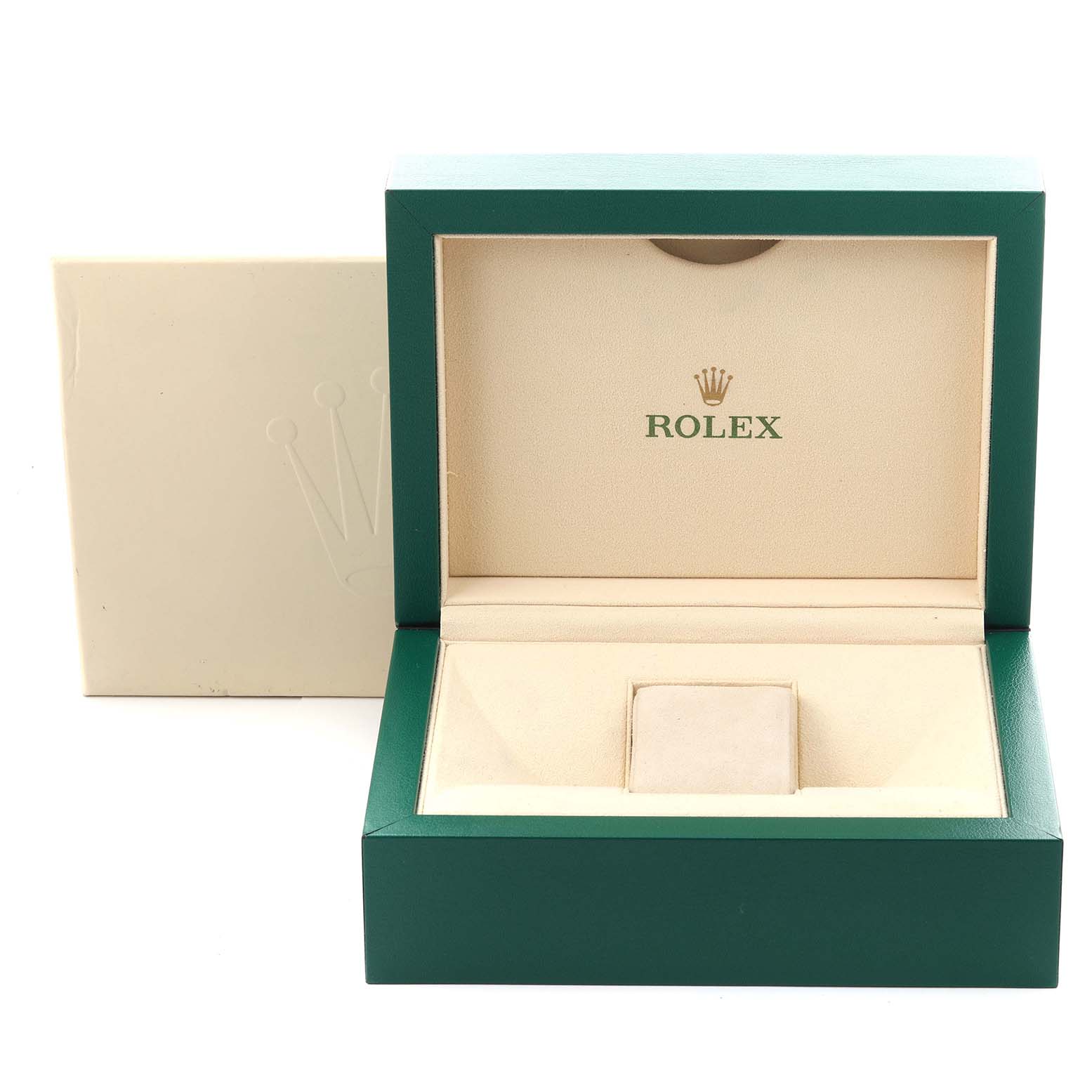 The image shows an open green Rolex box for a President model watch, with the interior visible.