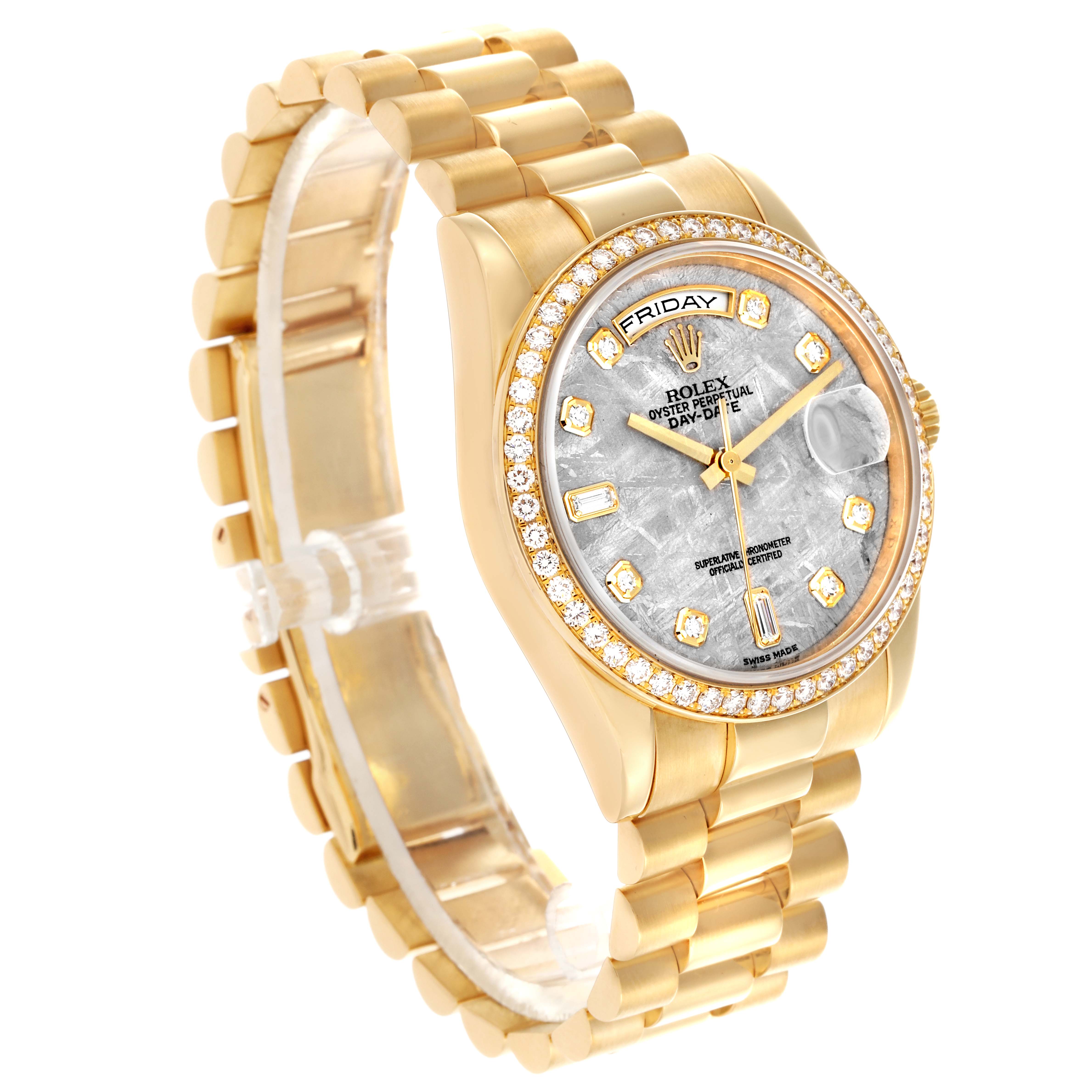The Rolex President 118348 Men's Yellow Gold Silver Dial 118348 Men's Yellow Gold Silver Dial model is shown at an angled side view, highlighting its bezel, bracelet, and dial.