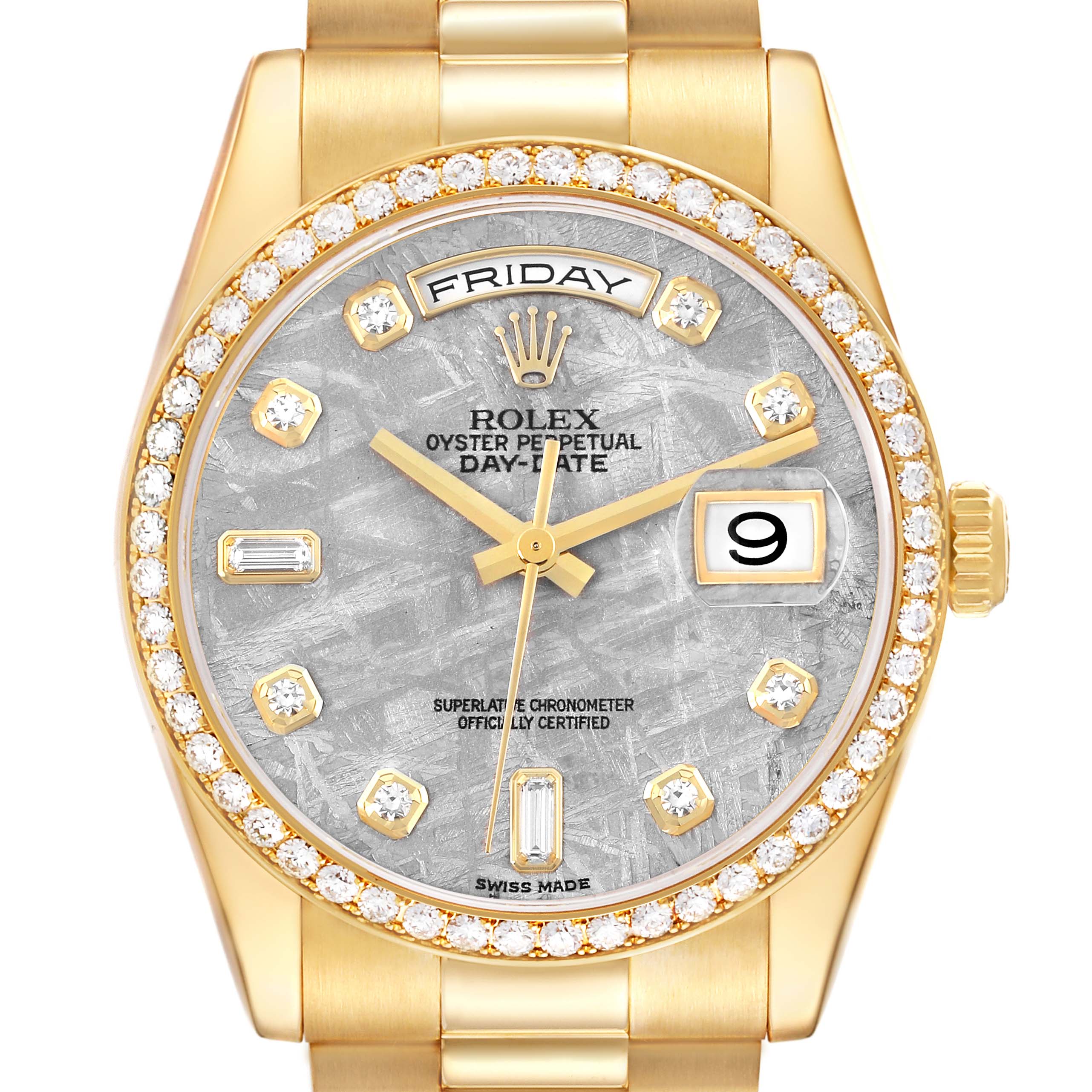 The Rolex President 118348 Men's Yellow Gold Silver Dial 118348 Men's Yellow Gold Silver Dial model watch is shown from the front, highlighting the dial, diamond bezel, and day-date features.