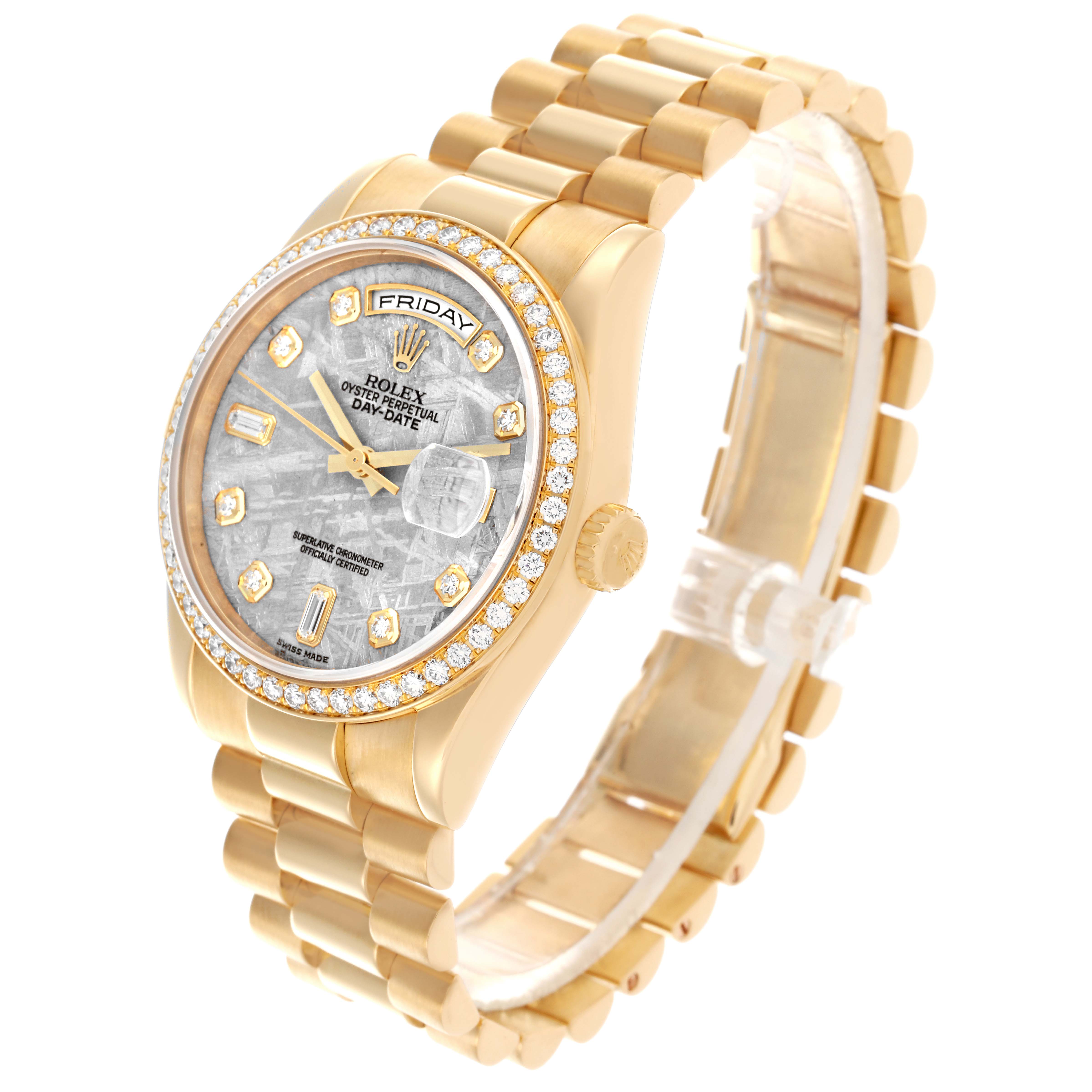 The image shows a Rolex President 118348 Men's Yellow Gold Silver Dial 118348 Men's Yellow Gold Silver Dial model watch at a three-quarter angle highlighting the case, dial, and bracelet.