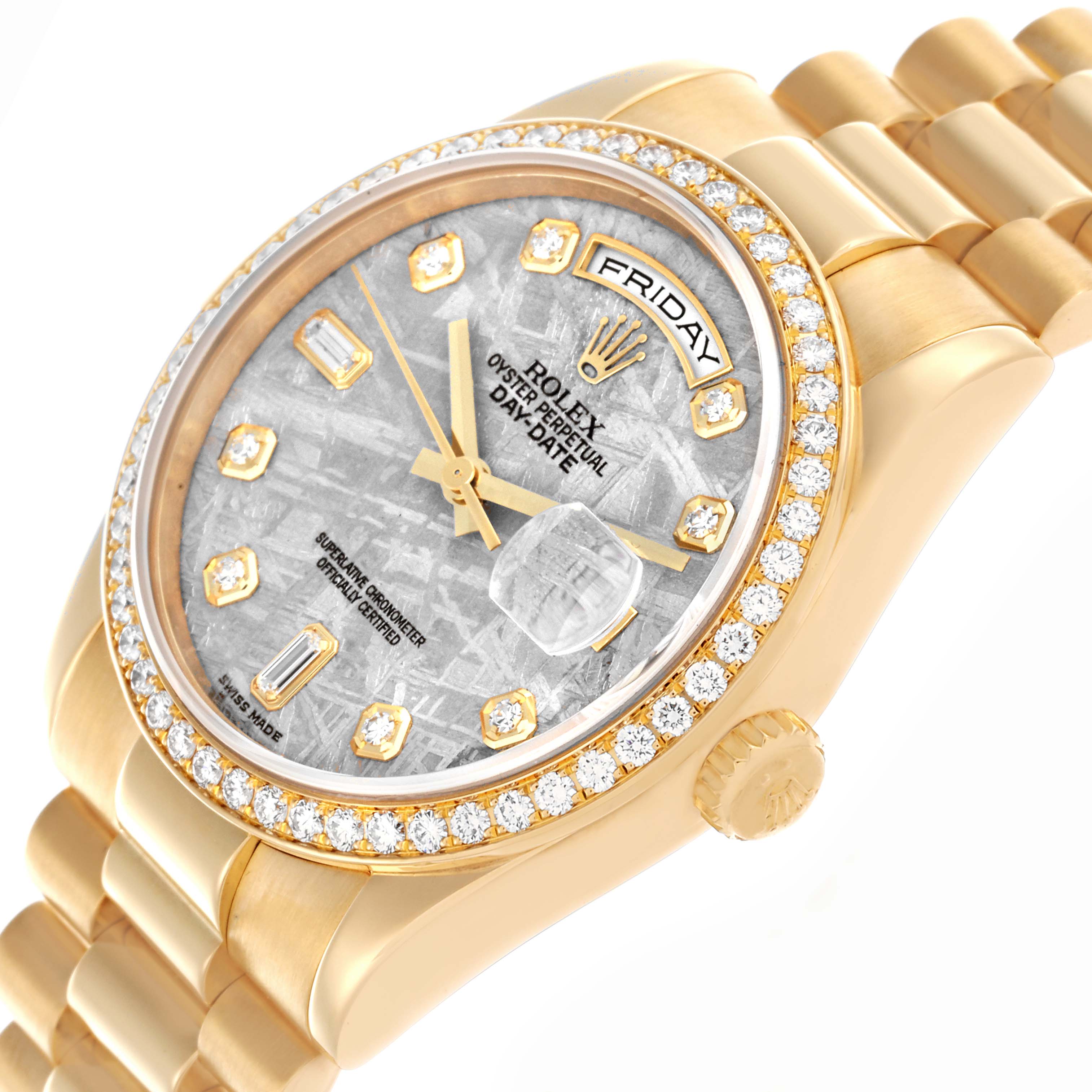 The Rolex President 118348 Men's Yellow Gold Silver Dial 118348 Men's Yellow Gold Silver Dial watch is shown at a three-quarter angle, highlighting its diamond bezel, face, and gold bracelet.