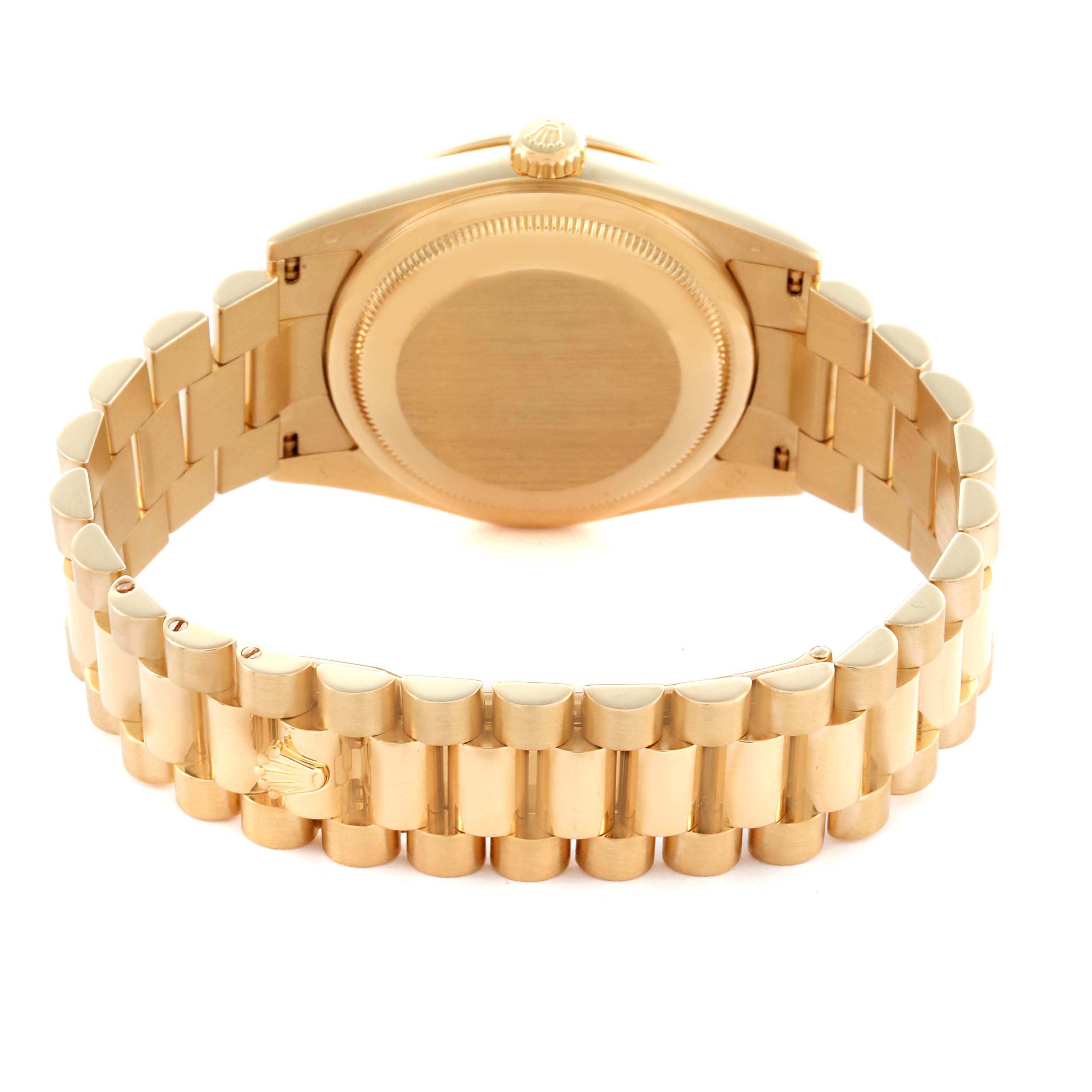 The image shows the back and bracelet of the Rolex President 118348 Men's Yellow Gold Silver Dial 118348 Men's Yellow Gold Silver Dial model, highlighting the gold finish and clasp.