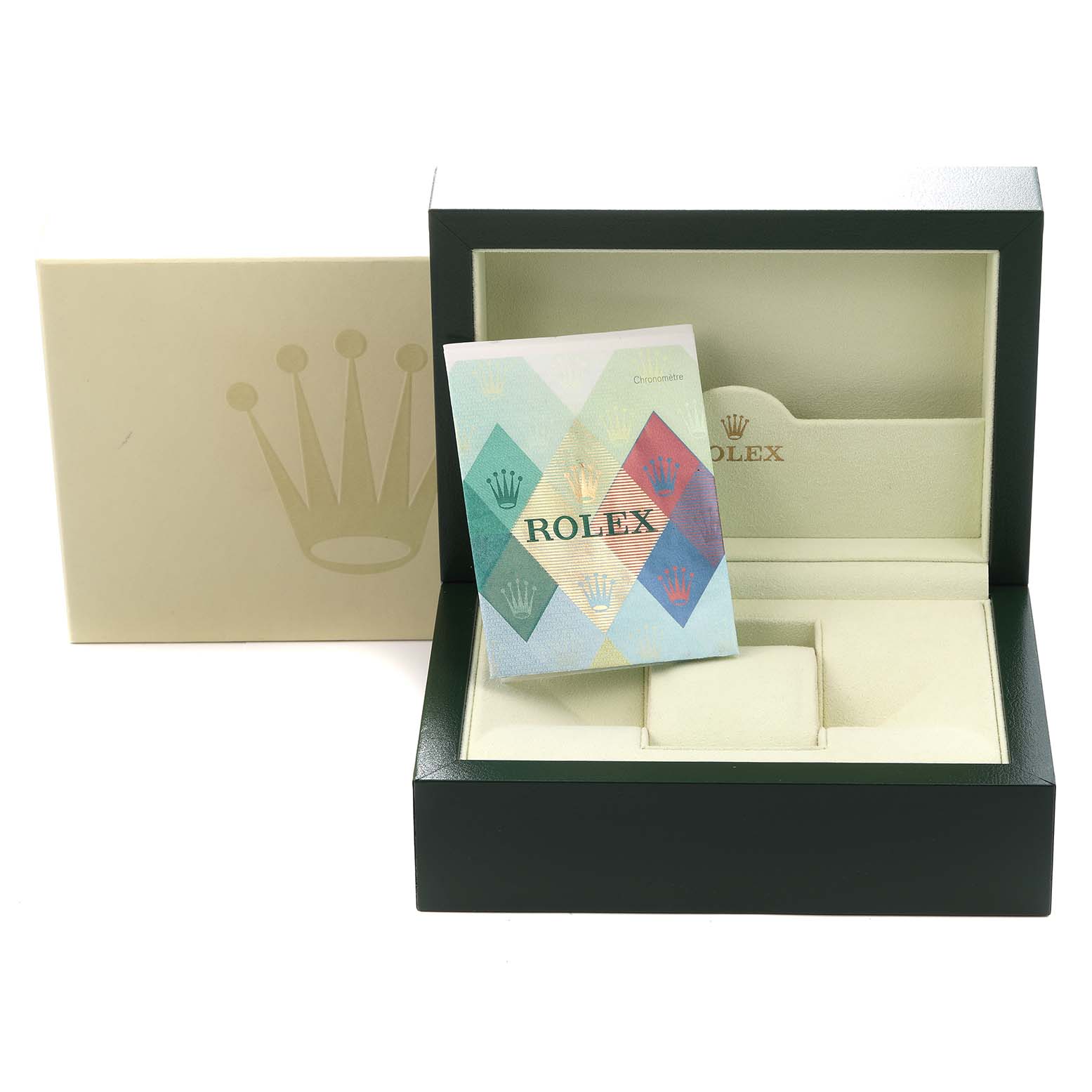 The image shows a Rolex President 179179 Women's White Gold Silver Dial 179179 Women's White Gold Silver Dial model box, with a card and cushion inside, viewed from the front.