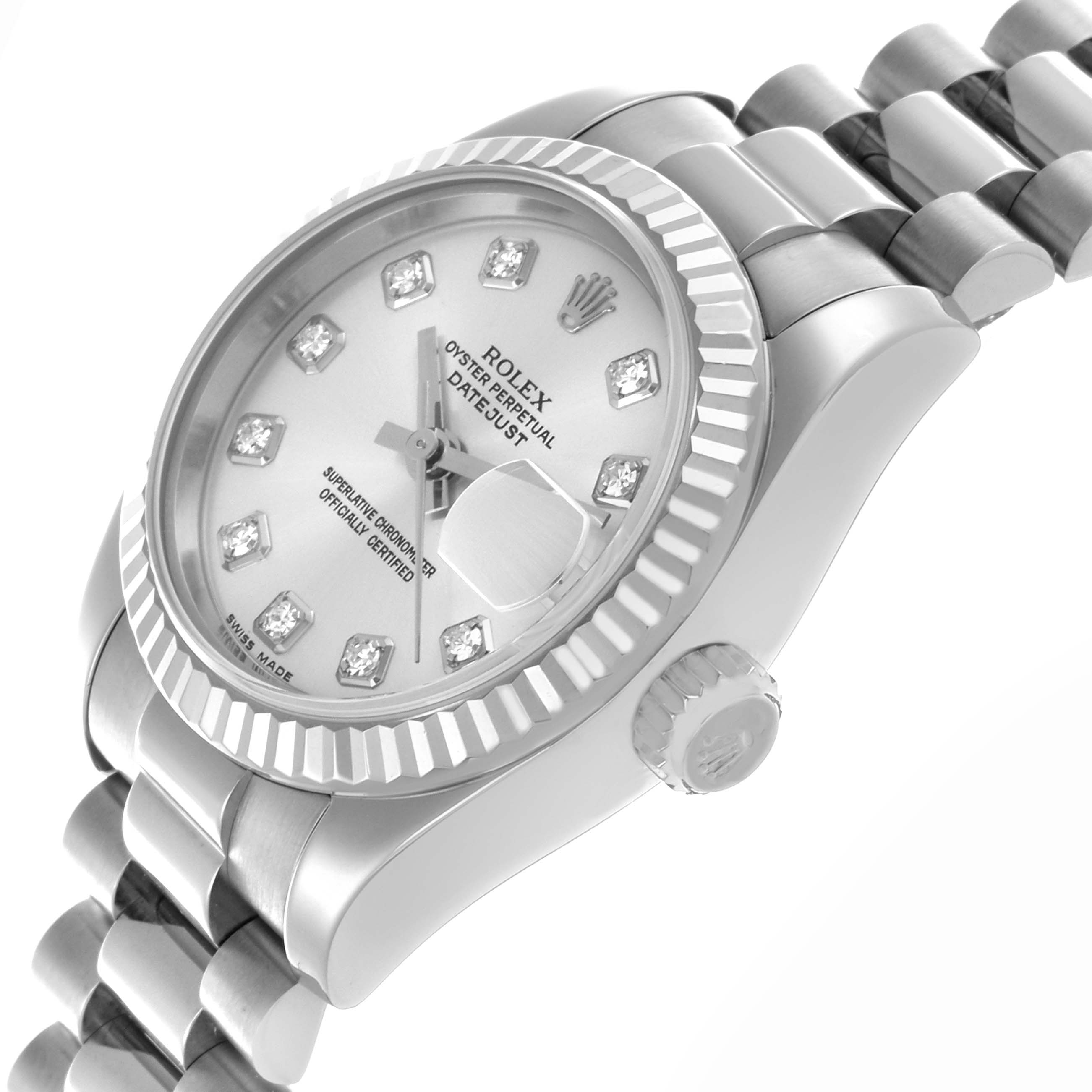 The Rolex President 179179 Women's White Gold Silver Dial 179179 Women's White Gold Silver Dial watch is shown from a three-quarter angle, highlighting the dial, bezel, crown, and part of the bracelet.