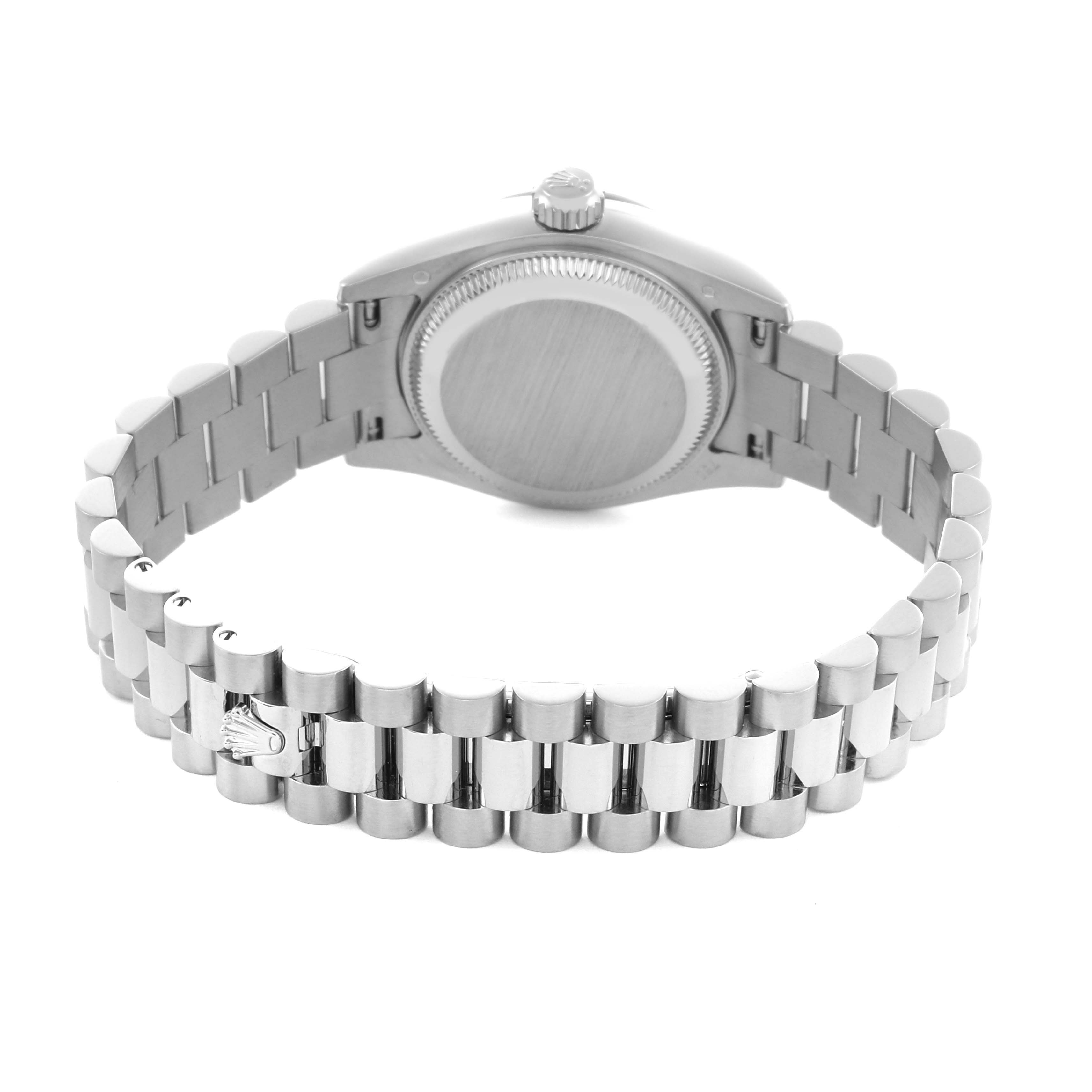 The image shows the back and bracelet of a Rolex President 179179 Women's White Gold Silver Dial 179179 Women's White Gold Silver Dial model watch, highlighting the clasp and caseback.