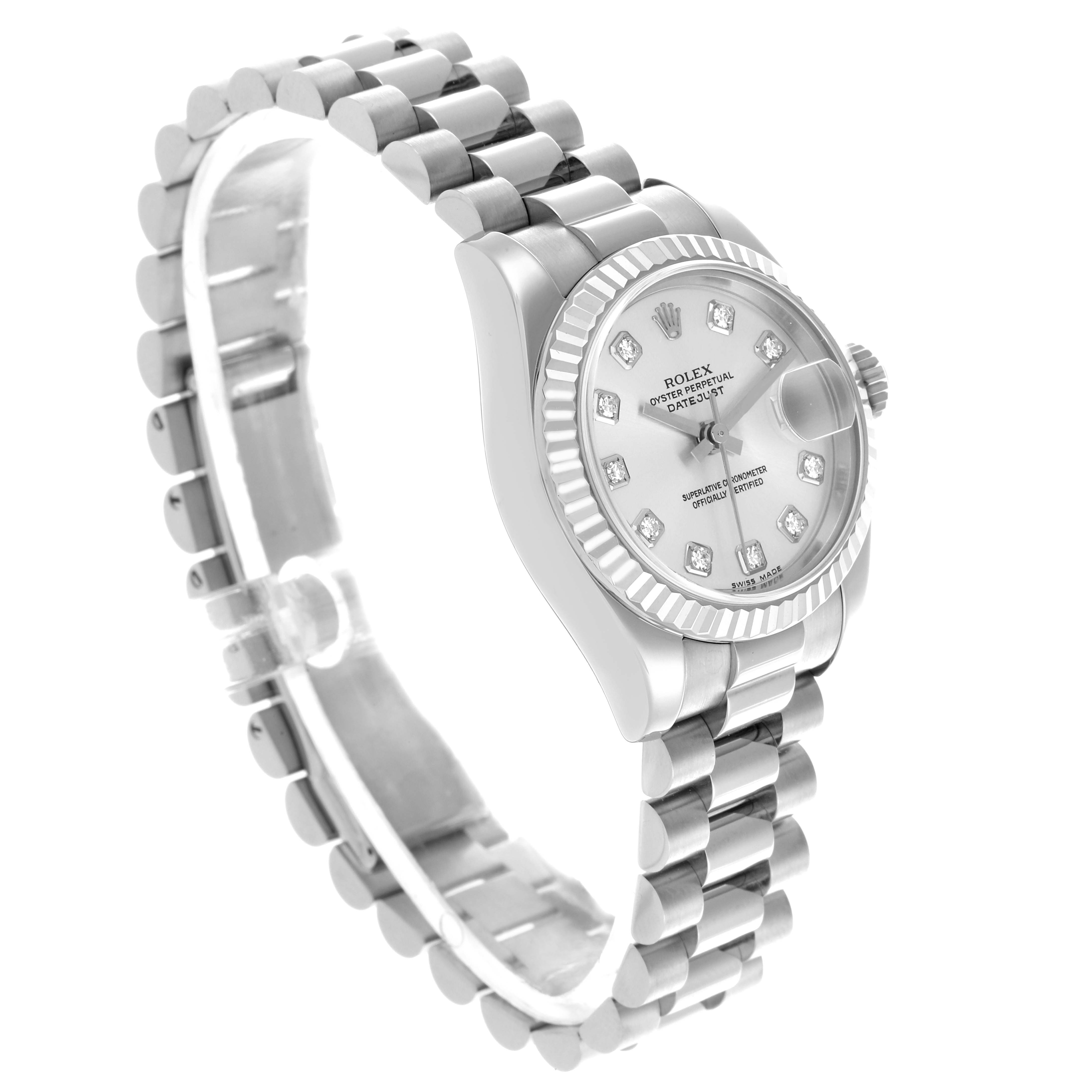 The Rolex President 179179 Women's White Gold Silver Dial 179179 Women's White Gold Silver Dial model watch is shown at an angle highlighting the face, bezel, and bracelet.