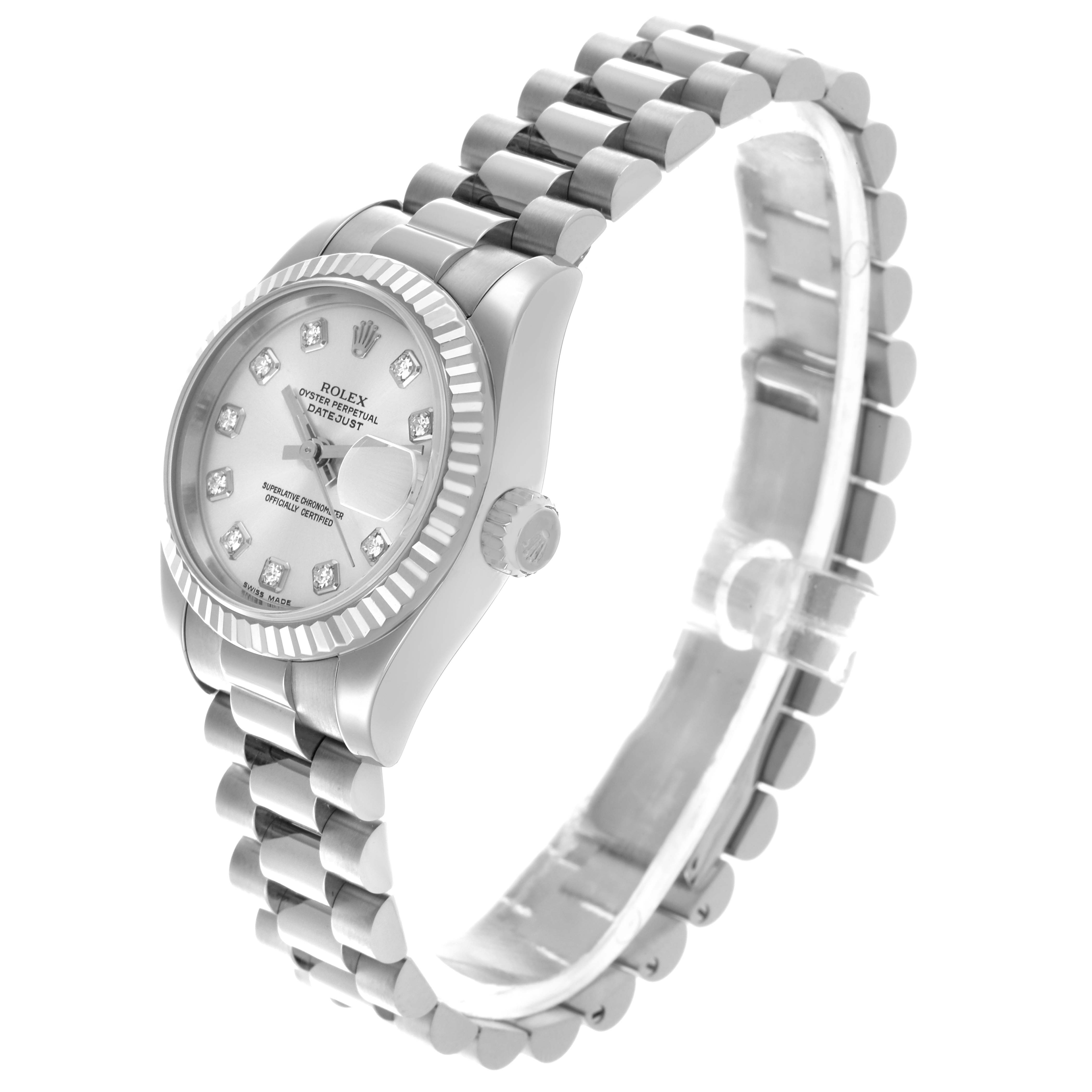 The Rolex President 179179 Women's White Gold Silver Dial 179179 Women's White Gold Silver Dial model watch is shown at an angle highlighting the face, bezel, bracelet, and crown.