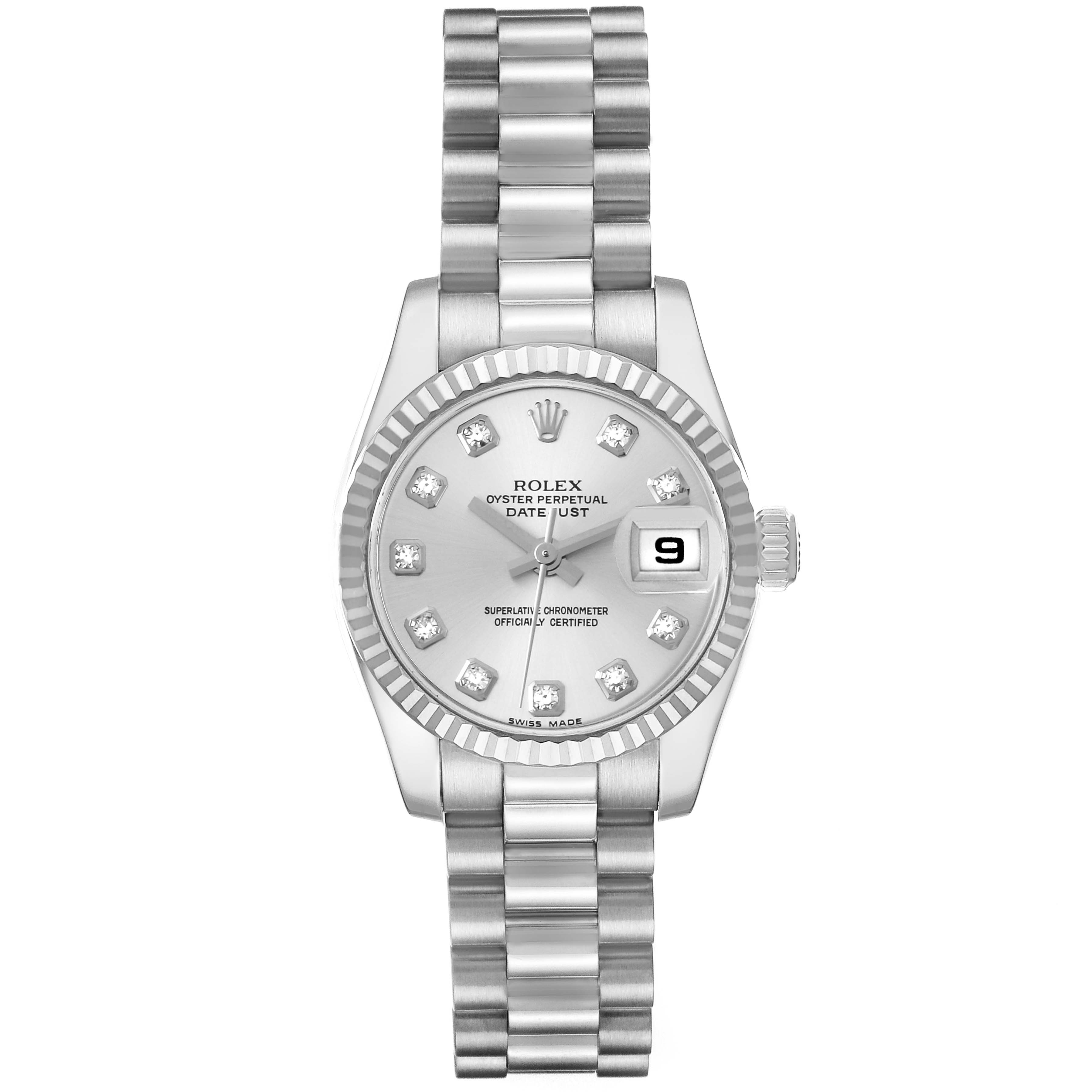 The Rolex President 179179 Women's White Gold Silver Dial 179179 Women's White Gold Silver Dial model is shown from a front angle, displaying the dial, bracelet, and bezel clearly.