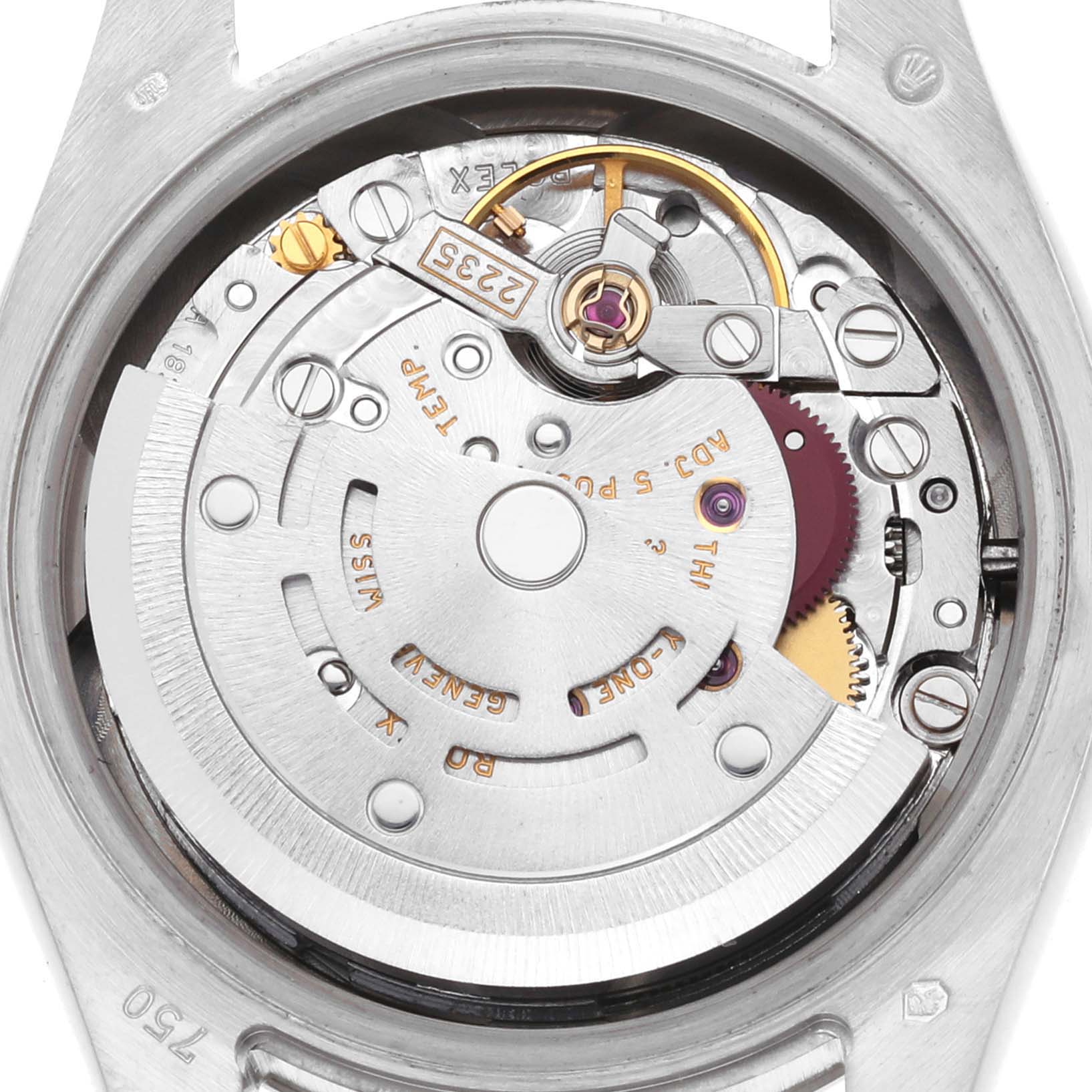 The image shows the inner mechanism of a Rolex President 179179 Women's White Gold Silver Dial 179179 Women's White Gold Silver Dial watch, focusing on the movement components.
