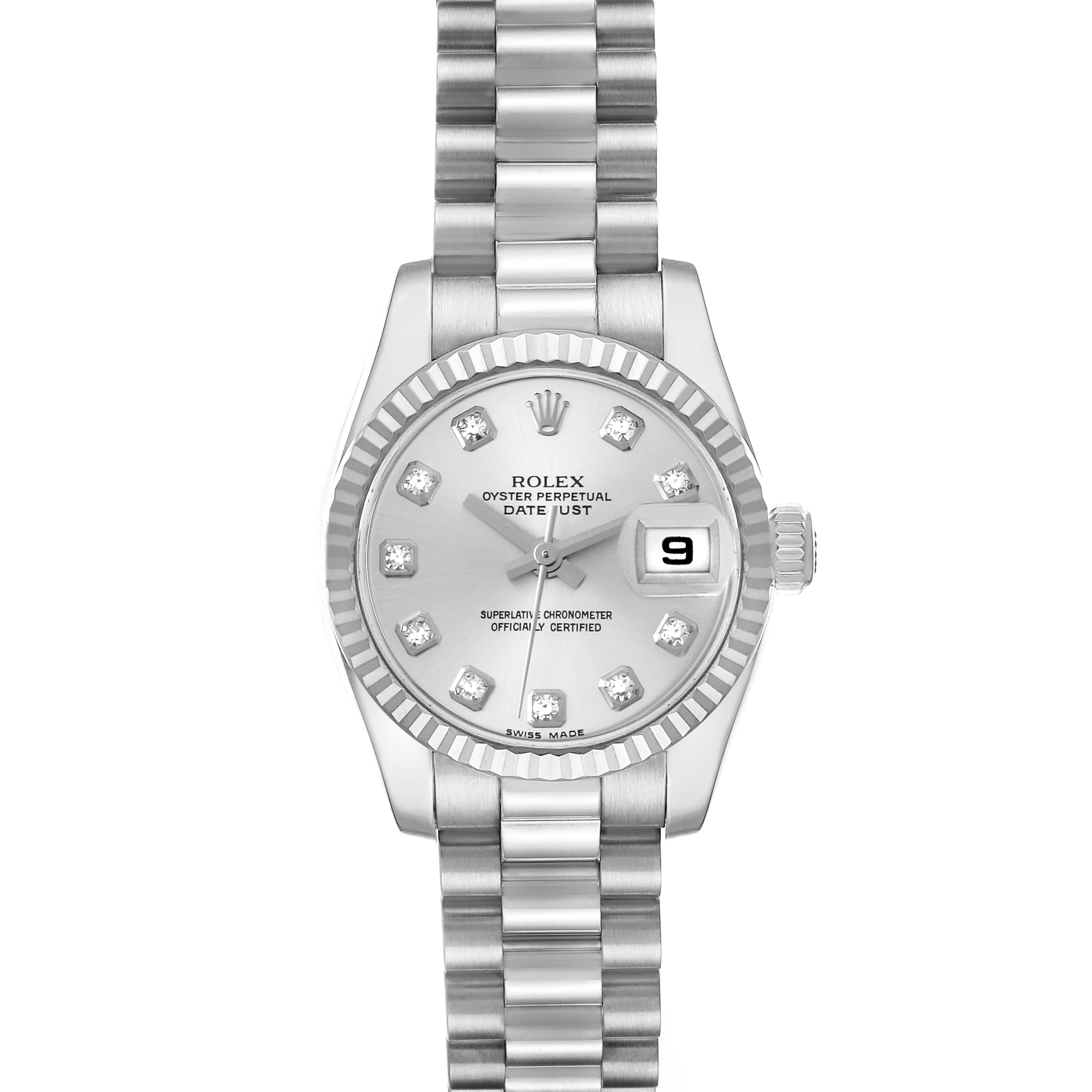 The Rolex President 179179 Women's White Gold Silver Dial 179179 Women's White Gold Silver Dial model is shown from a top-down angle, displaying its dial, bracelet, and fluted bezel.