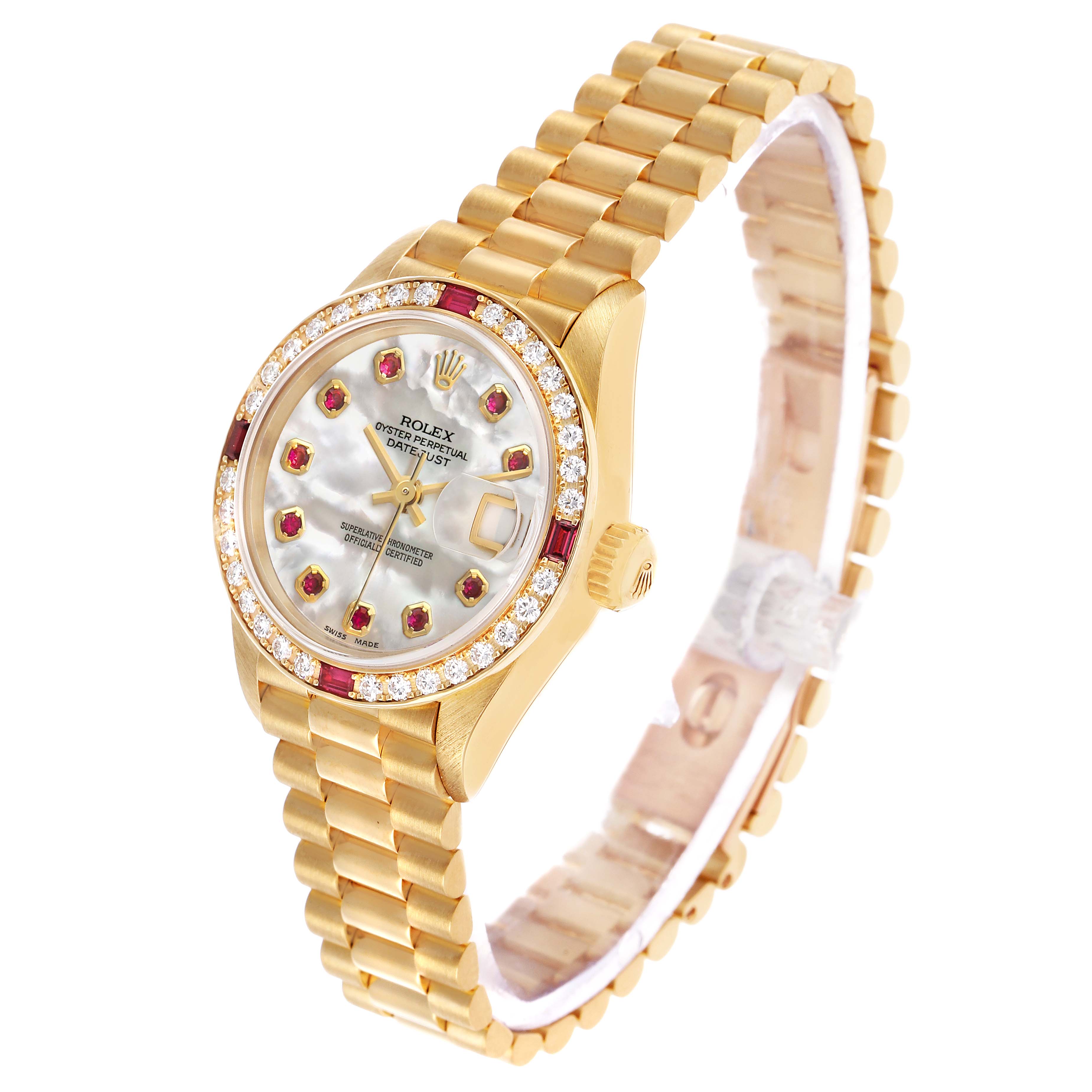 The Rolex President 69068 Women's Yellow Gold Mother of Pearl Dial model watch is shown at a three-quarter angle, highlighting its face, bezel, crown, and bracelet.