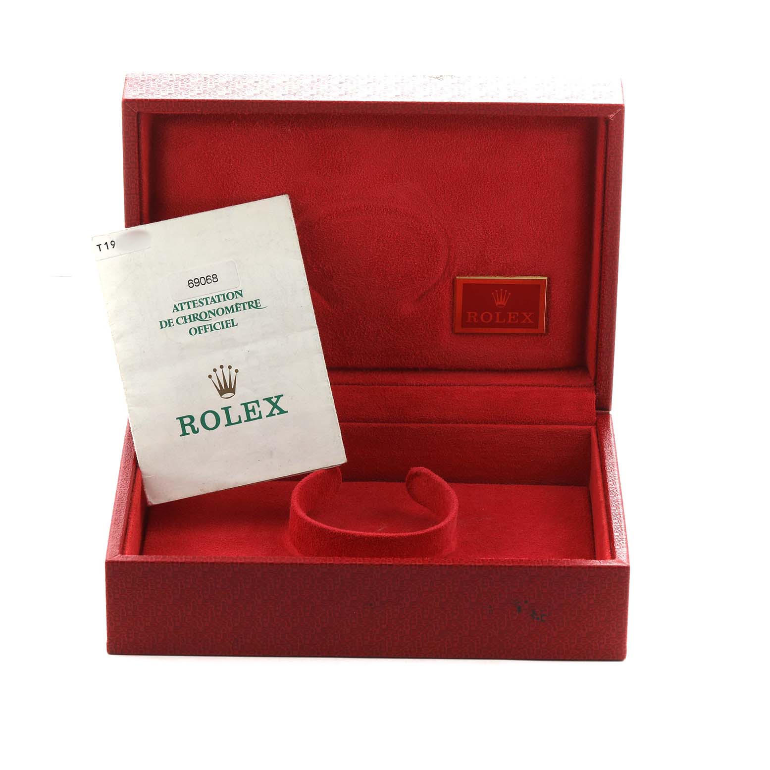 The image shows an open Rolex President 69068 Women's Yellow Gold Mother of Pearl Dial model box with a certificate and cushion inside.