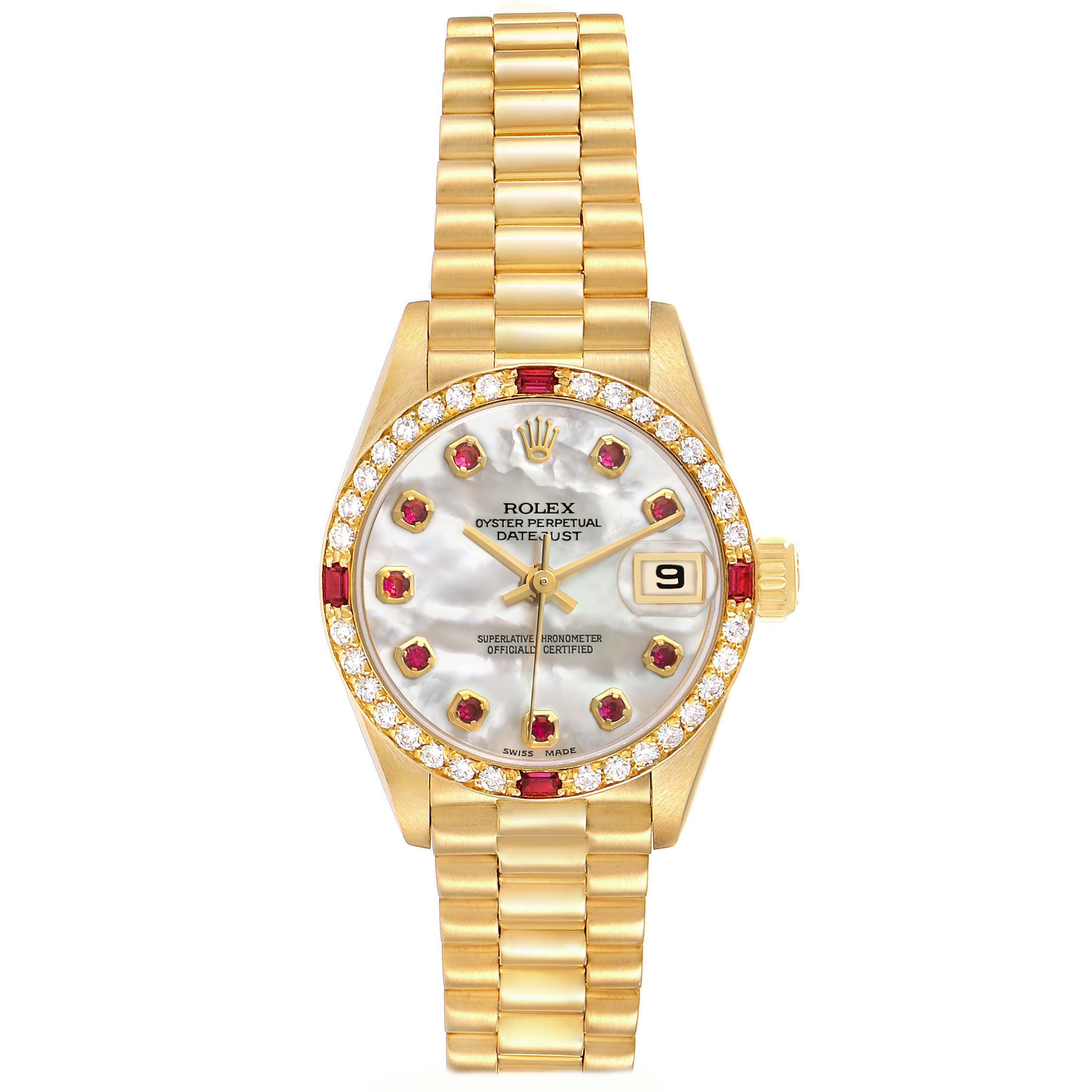 The Rolex President 69068 Women's Yellow Gold Mother of Pearl Dial model is shown from a top-down angle, highlighting the watch face, dial, bezel, and bracelet.