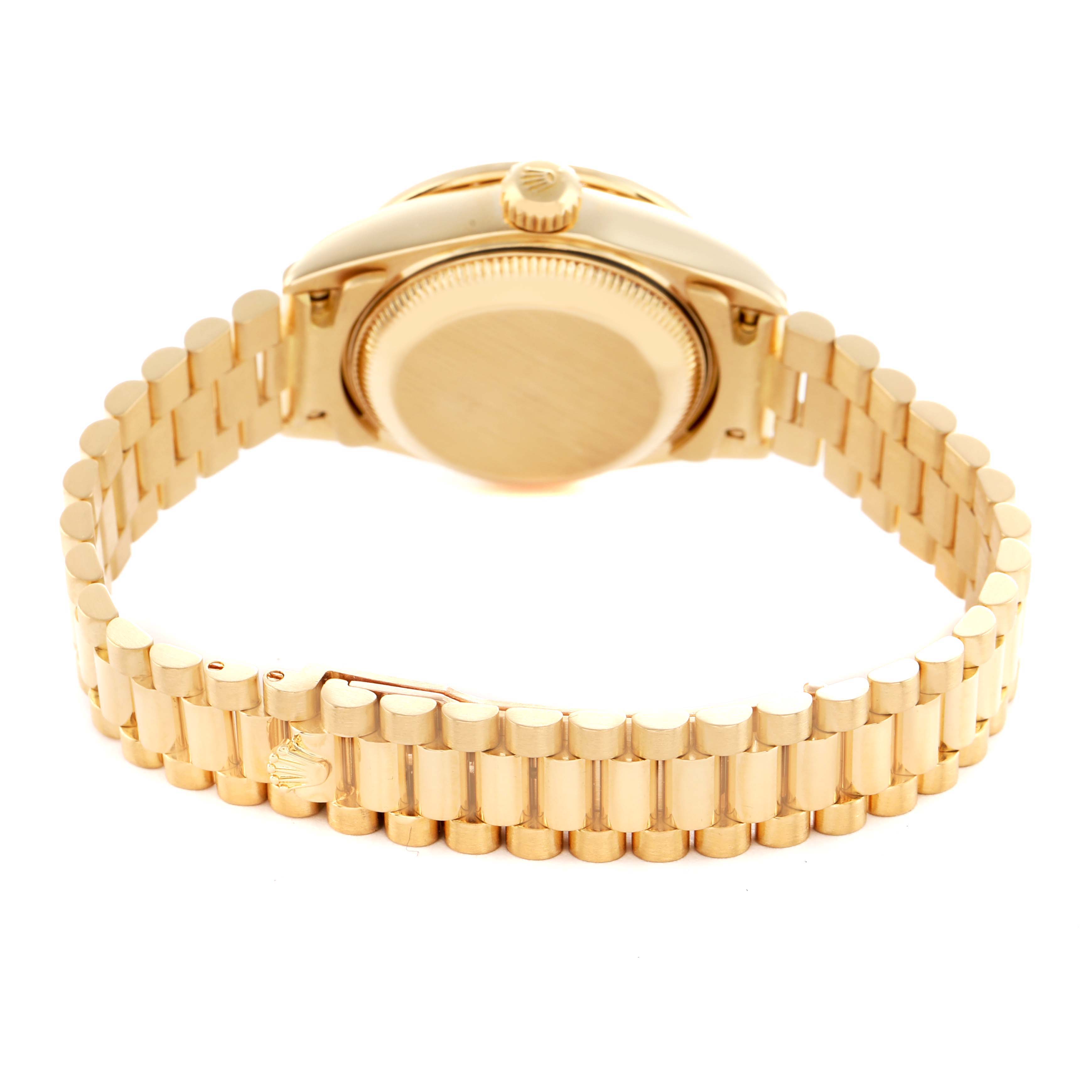 The Rolex President 69068 Women's Yellow Gold Mother of Pearl Dial model watch is shown from the back, displaying the case back, crown, and bracelet.