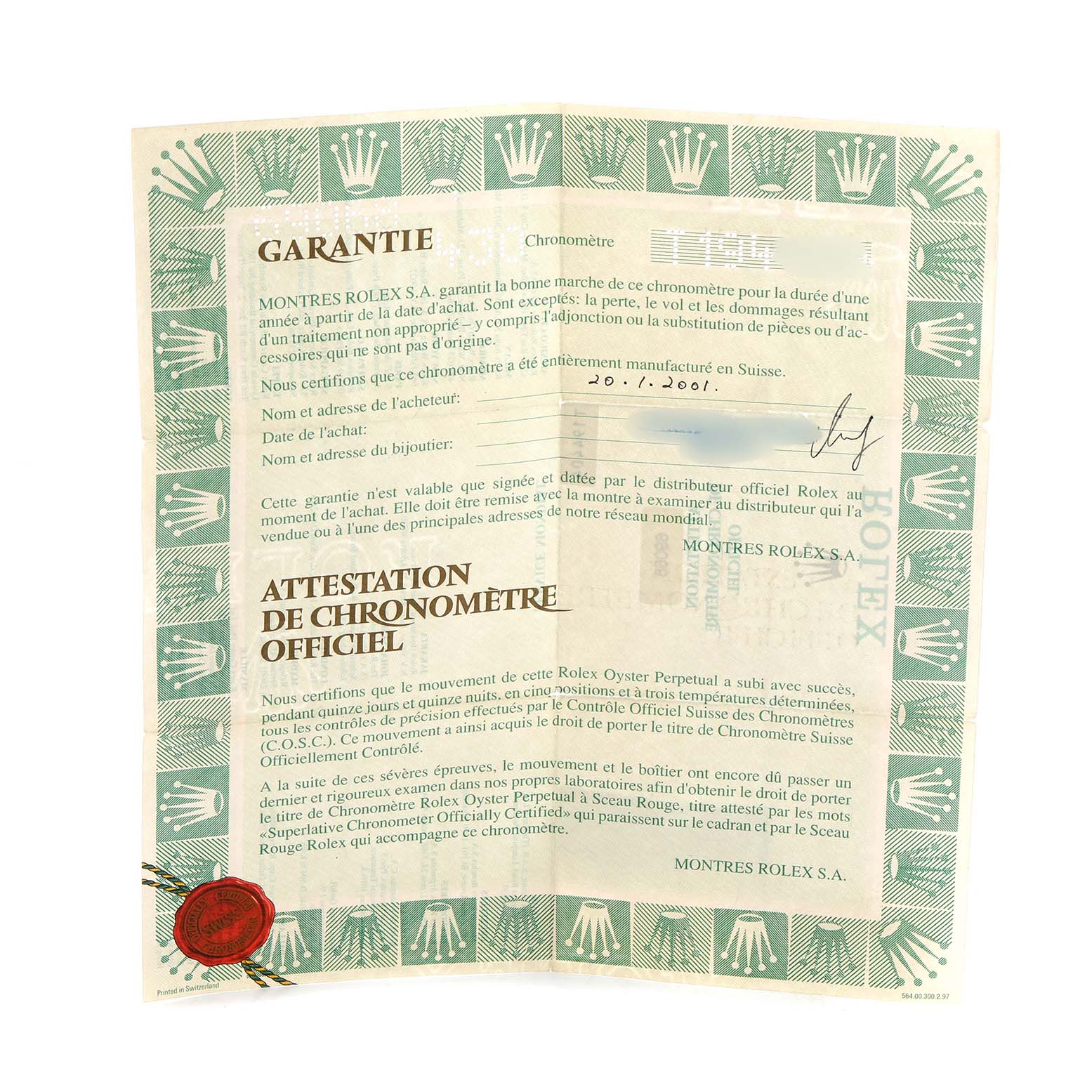 The image shows a warranty certificate for a Rolex President 69068 Women's Yellow Gold Mother of Pearl Dial watch, featuring text and a decorative border.