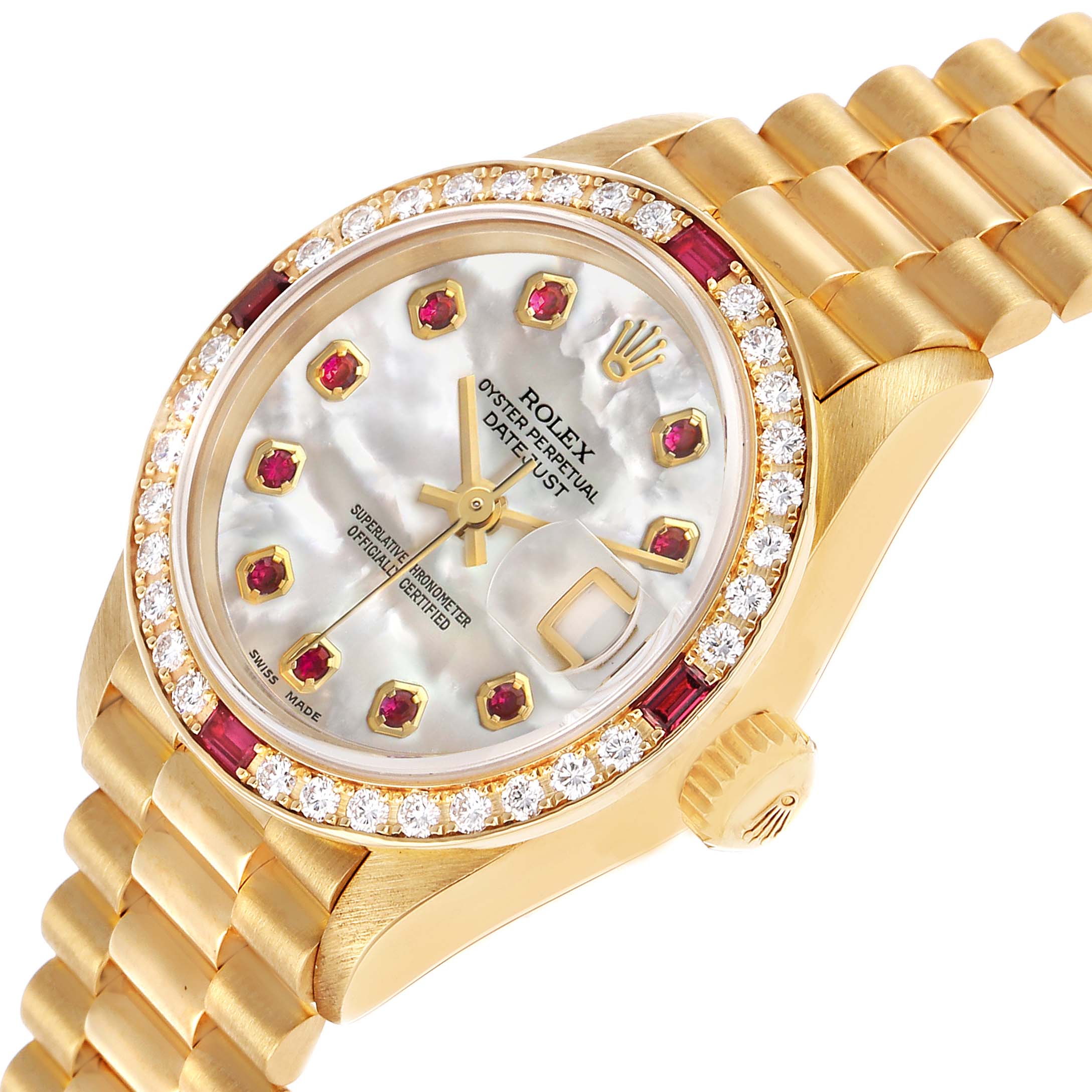 The Rolex President 69068 Women's Yellow Gold Mother of Pearl Dial model watch is shown at an angled view displaying the face, bezel, crown, and bracelet links.