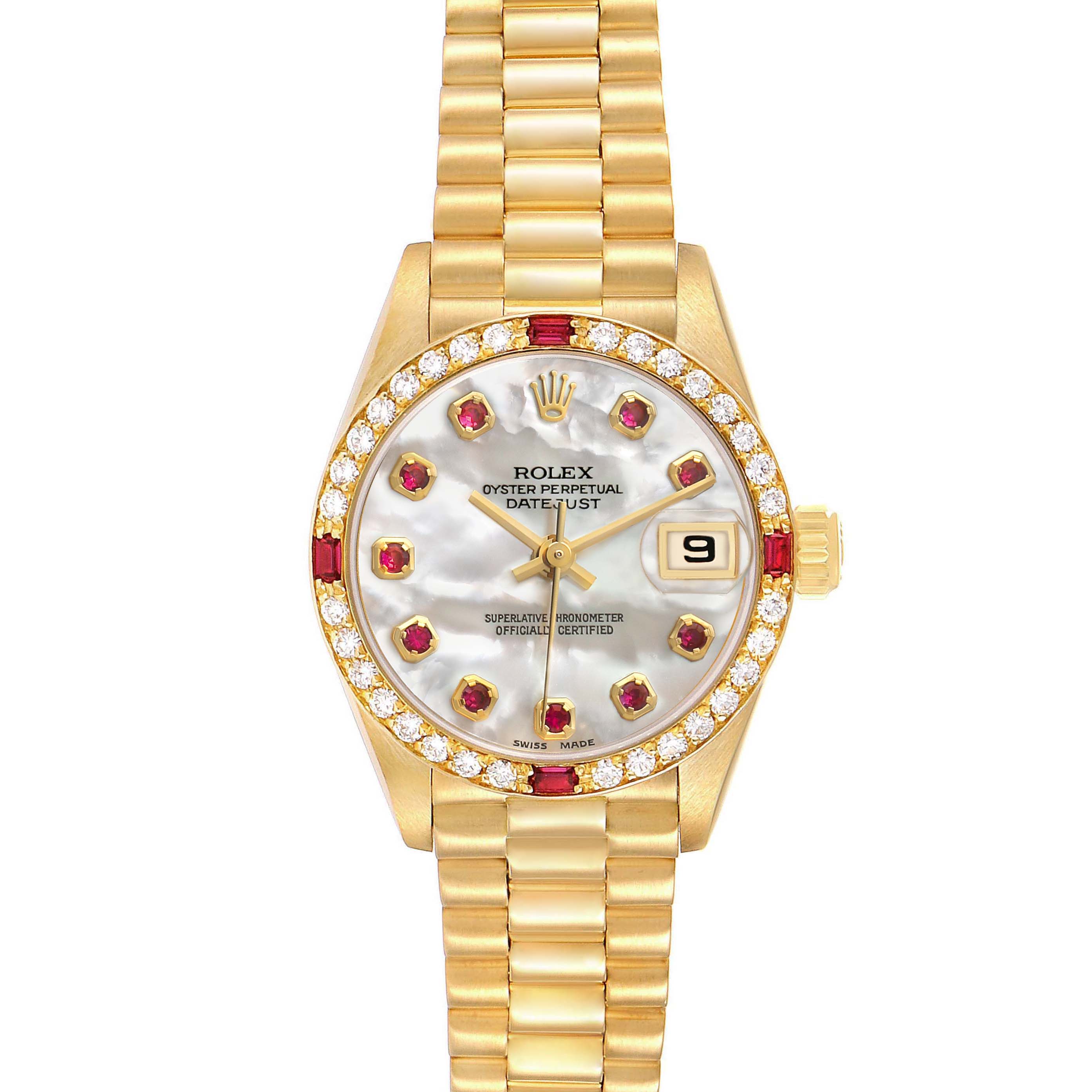 The Rolex President 69068 Women's Yellow Gold Mother of Pearl Dial model is shown from a front angle, displaying its face, diamond bezel, dial, and gold bracelet.