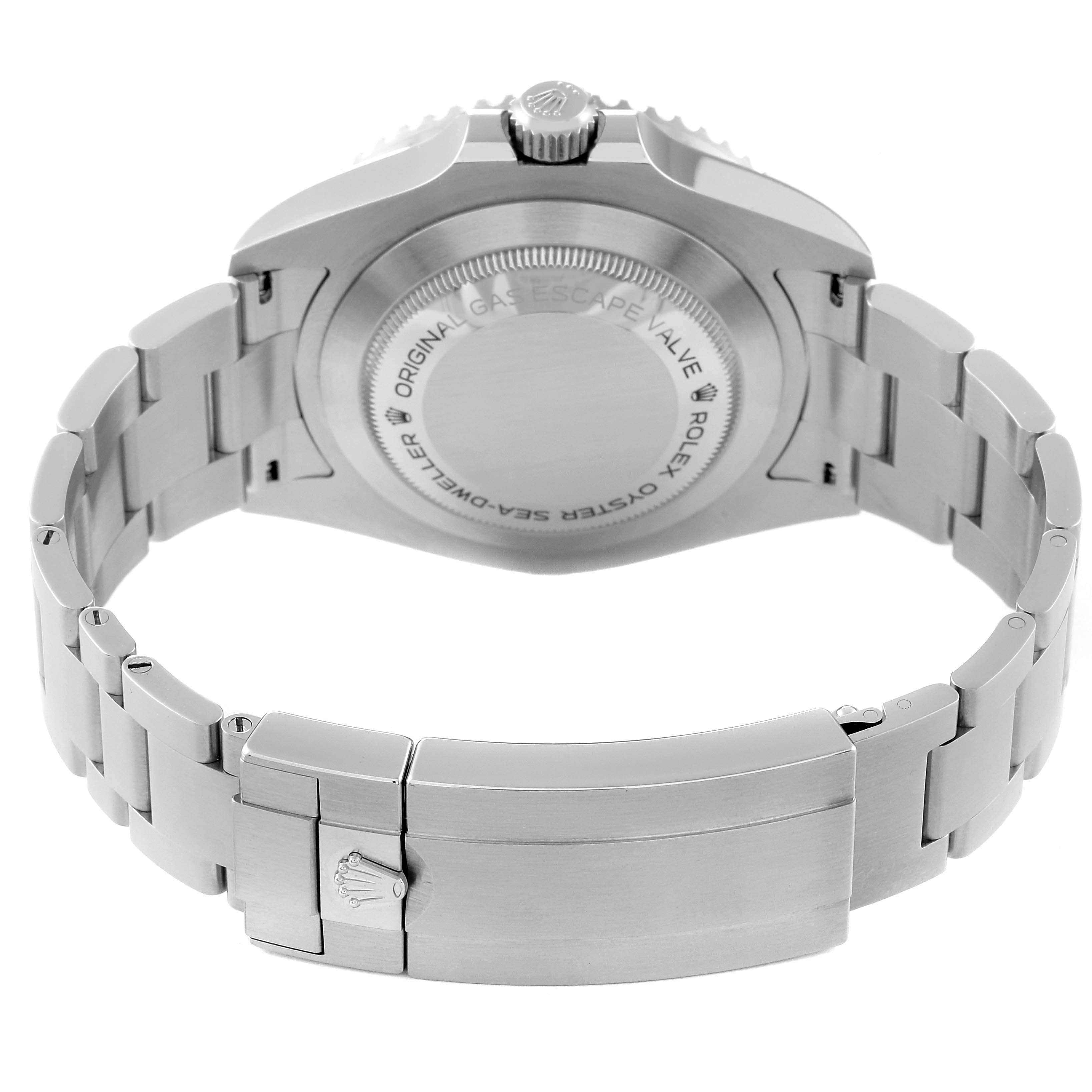 The image shows the back view of a Rolex Sea-Dweller 126600 Men
s Stainless Steel Black Dial 126600 Men
s Stainless Steel Black Dial watch, highlighting its case back, bracelet, and clasp.