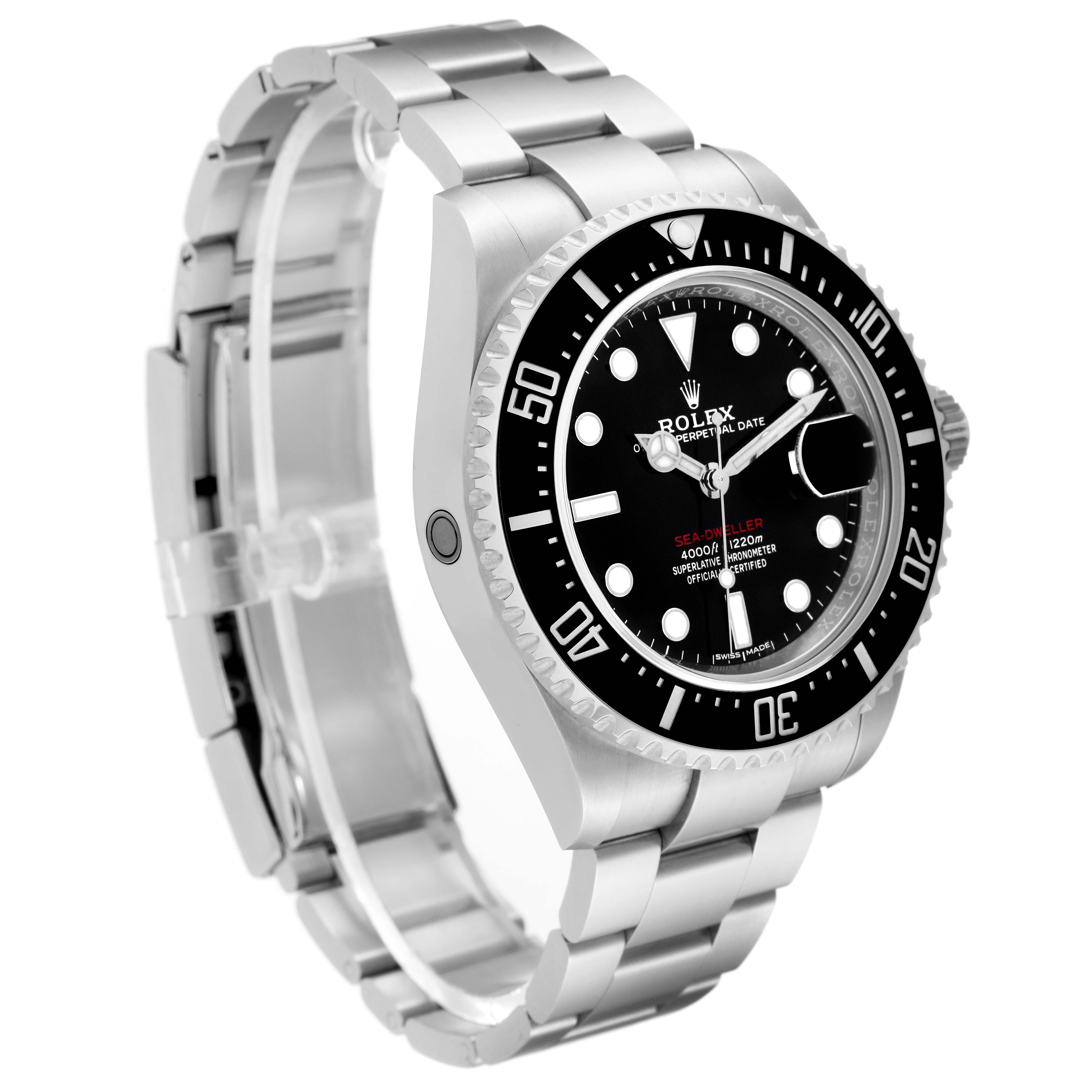 The Rolex Sea-Dweller 126600 Men
s Stainless Steel Black Dial 126600 Men
s Stainless Steel Black Dial watch is shown at a right-side angle, displaying the case, bezel, dial, and bracelet.