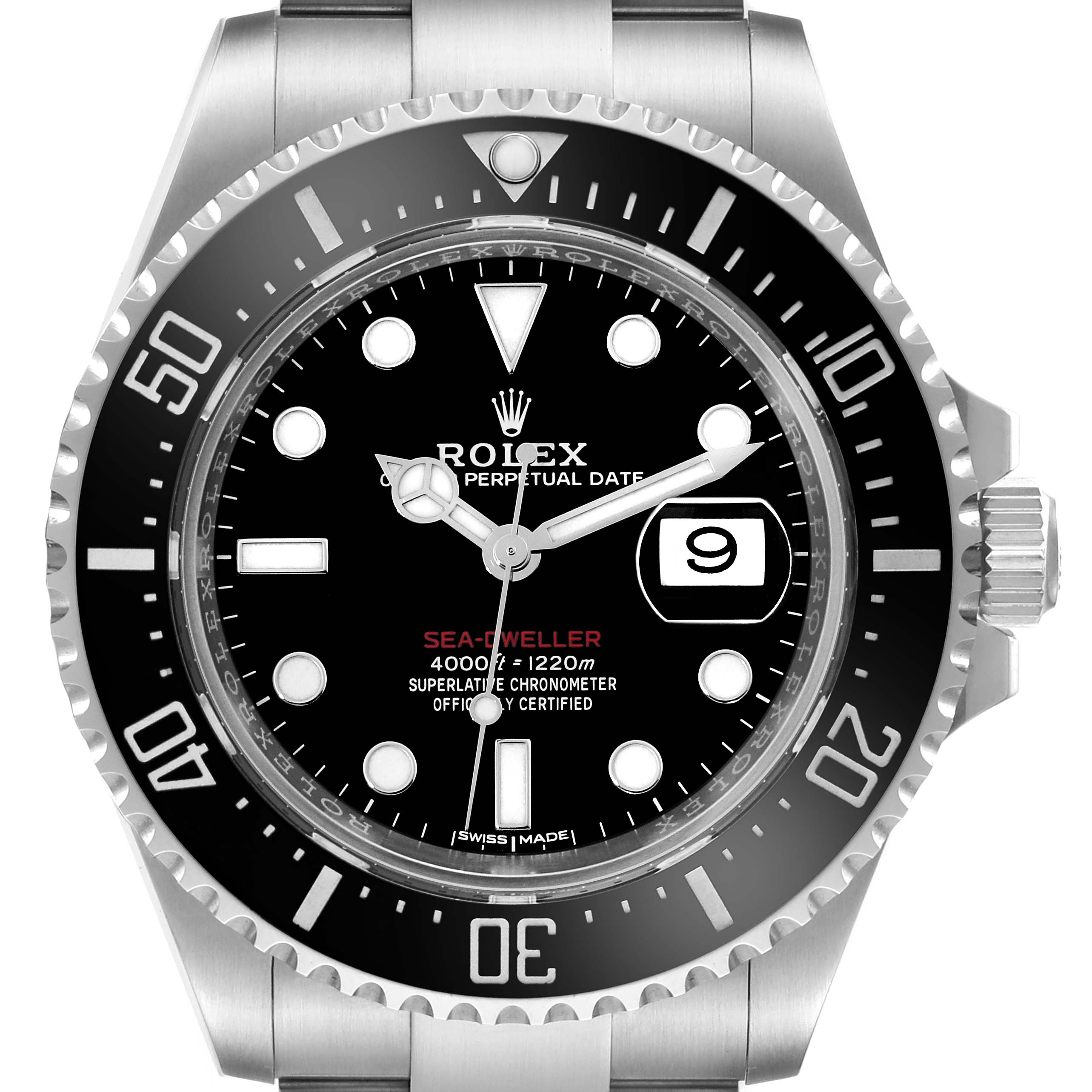 The image shows a front view of a Rolex Sea-Dweller 126600 Men
s Stainless Steel Black Dial 126600 Men
s Stainless Steel Black Dial watch, highlighting the dial, bezel, hands, and date window.