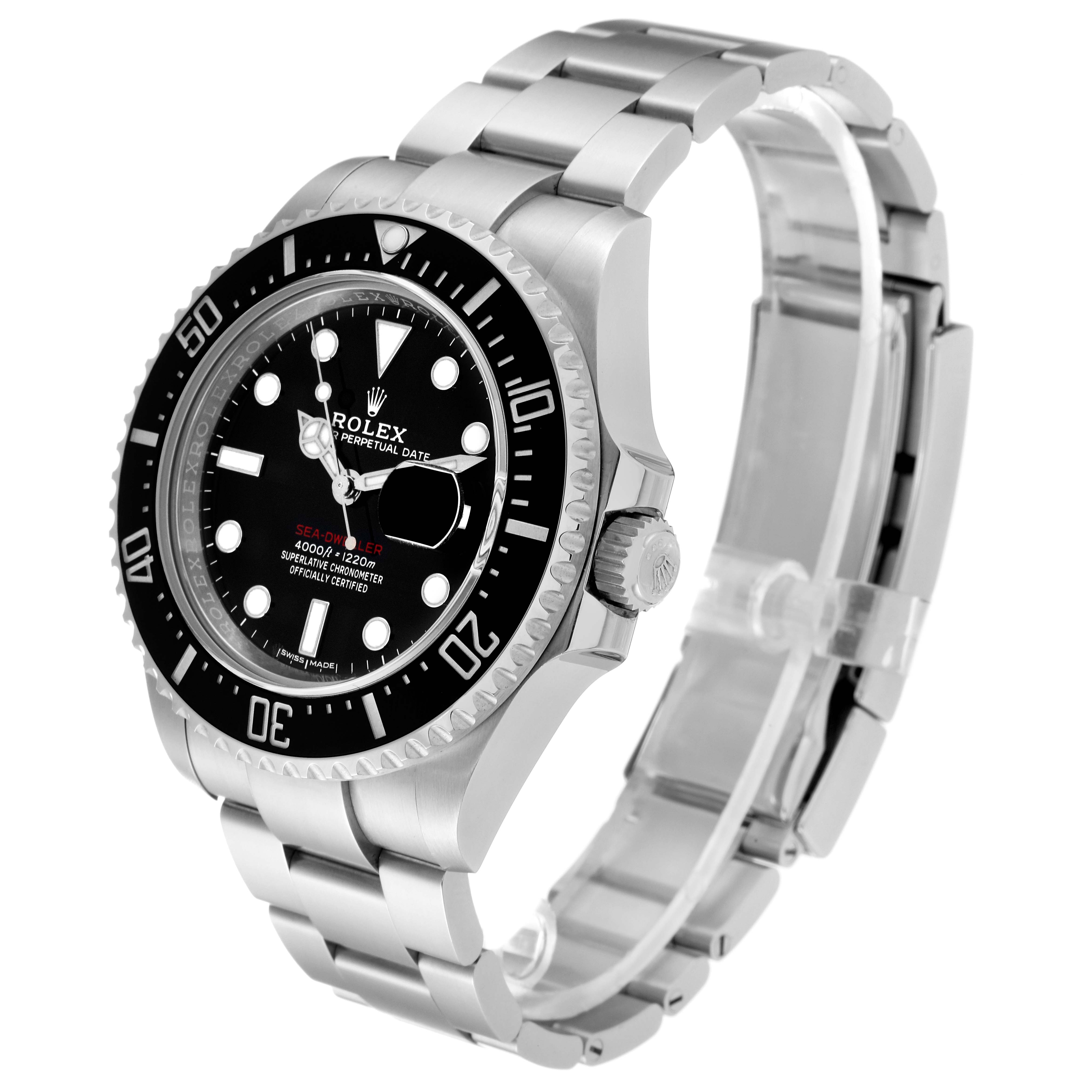 The image shows a Rolex Sea-Dweller 126600 Men
s Stainless Steel Black Dial 126600 Men
s Stainless Steel Black Dial watch at an angle highlighting the bezel, dial, crown, and bracelet.
