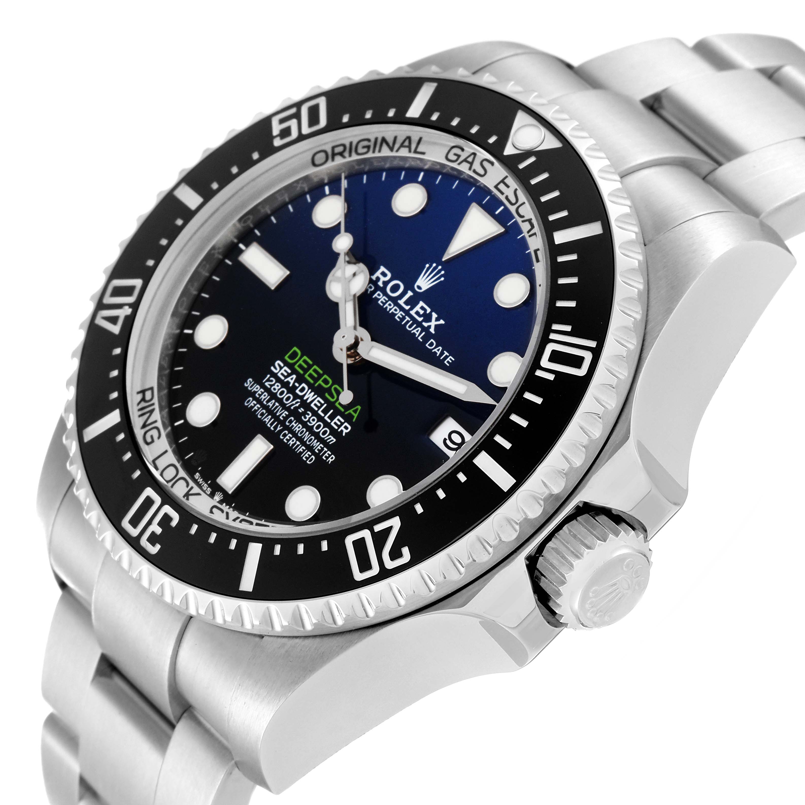 The image shows a side and partial top view of the Rolex Sea-Dweller 136660 Men's Stainless Steel Blue Dial 136660 Men's Stainless Steel Blue Dial watch, focusing on its face, bezel, and crown.