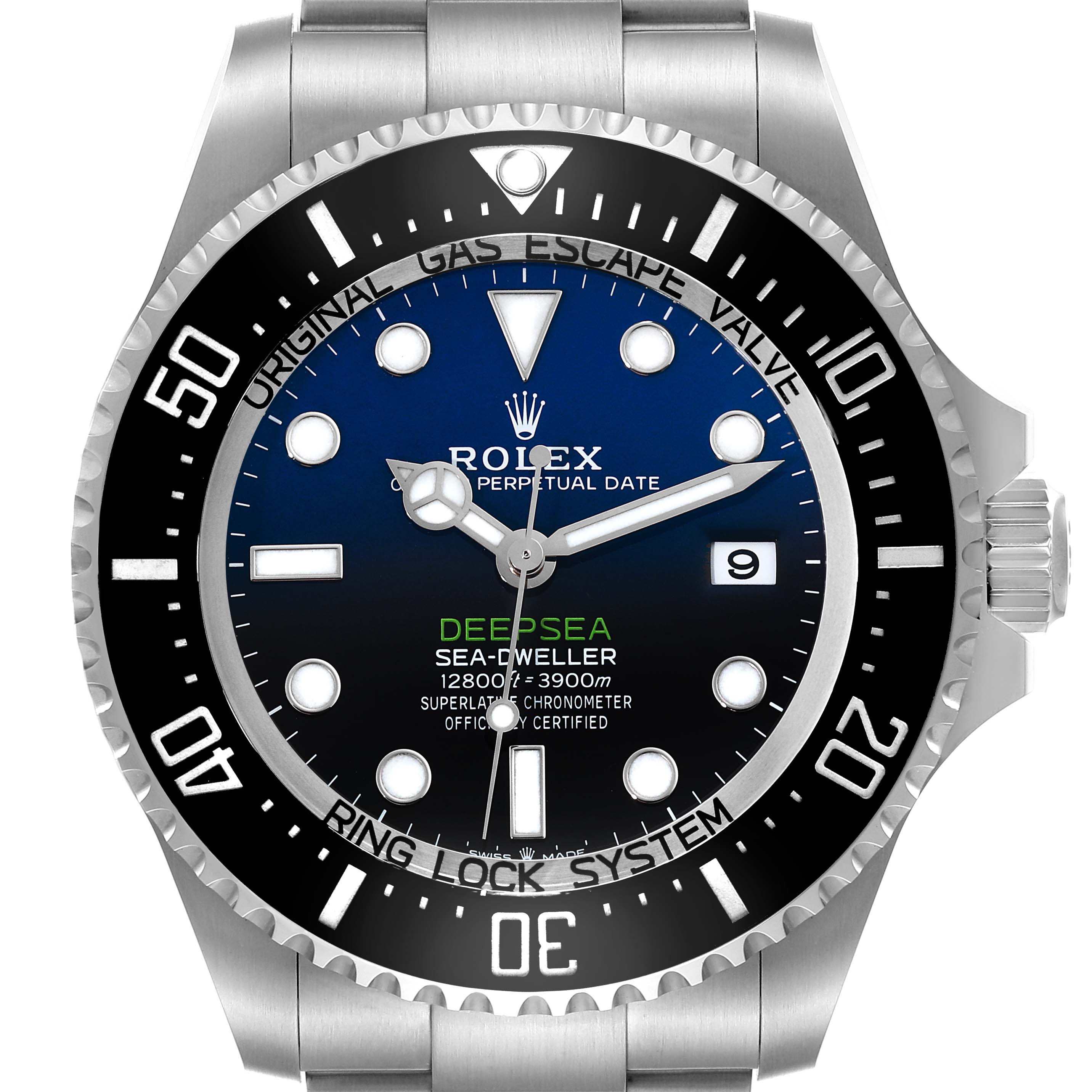 This image shows the face and bezel of a Rolex Sea-Dweller 136660 Men's Stainless Steel Blue Dial 136660 Men's Stainless Steel Blue Dial Deepsea watch, viewed directly from the front.
