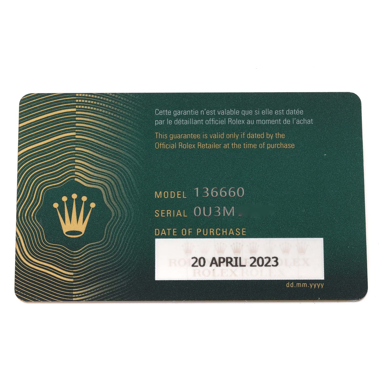 The image shows the warranty card for the Rolex Sea-Dweller 136660 Men's Stainless Steel Blue Dial 136660 Men's Stainless Steel Blue Dial model 136660.