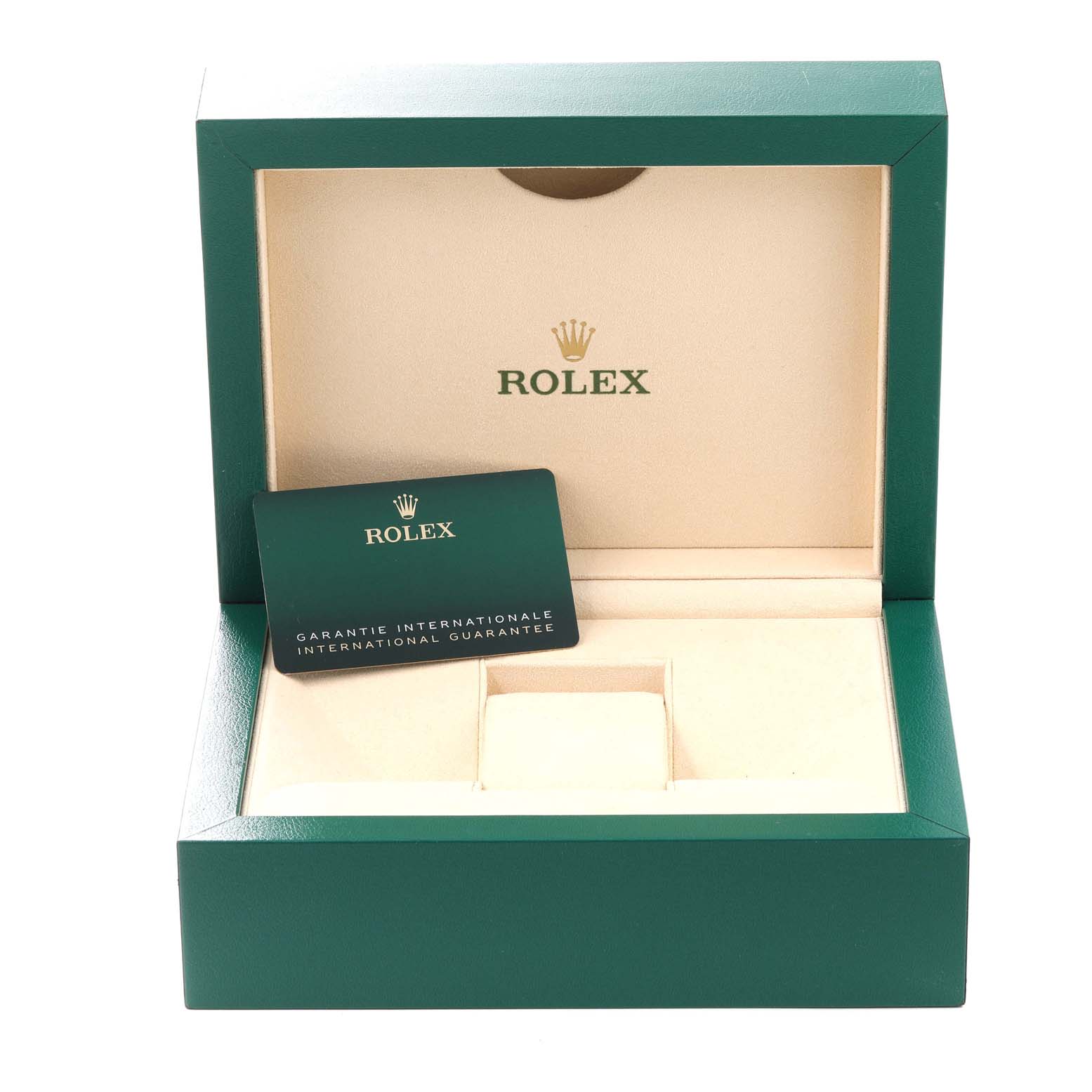 This image shows an open Rolex Sea-Dweller 136660 Men's Stainless Steel Blue Dial 136660 Men's Stainless Steel Blue Dial watch box and international guarantee card.