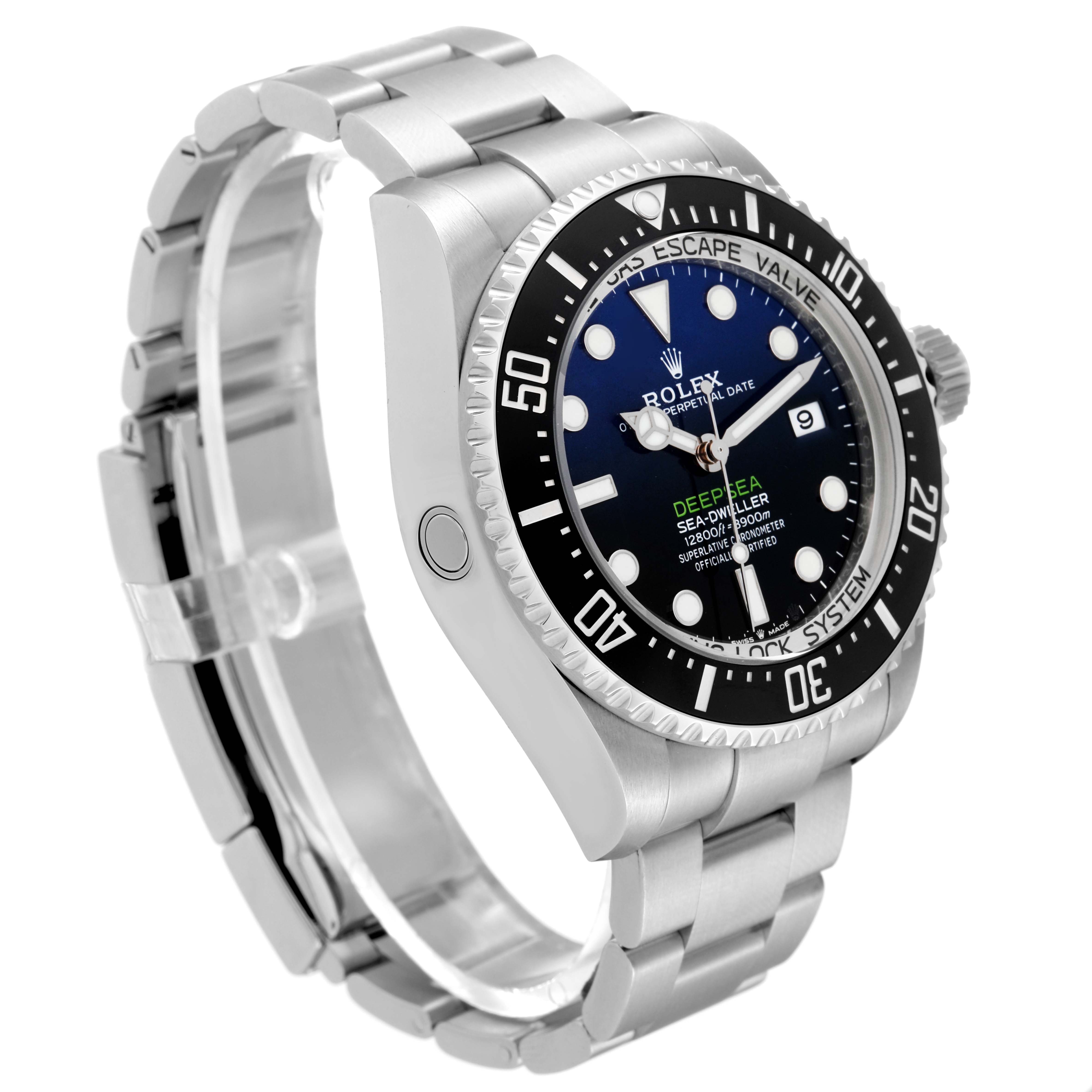 The image shows a side perspective of a Rolex Sea-Dweller 136660 Men's Stainless Steel Blue Dial 136660 Men's Stainless Steel Blue Dial watch, highlighting the bezel, dial, bracelet, and helium escape valve.