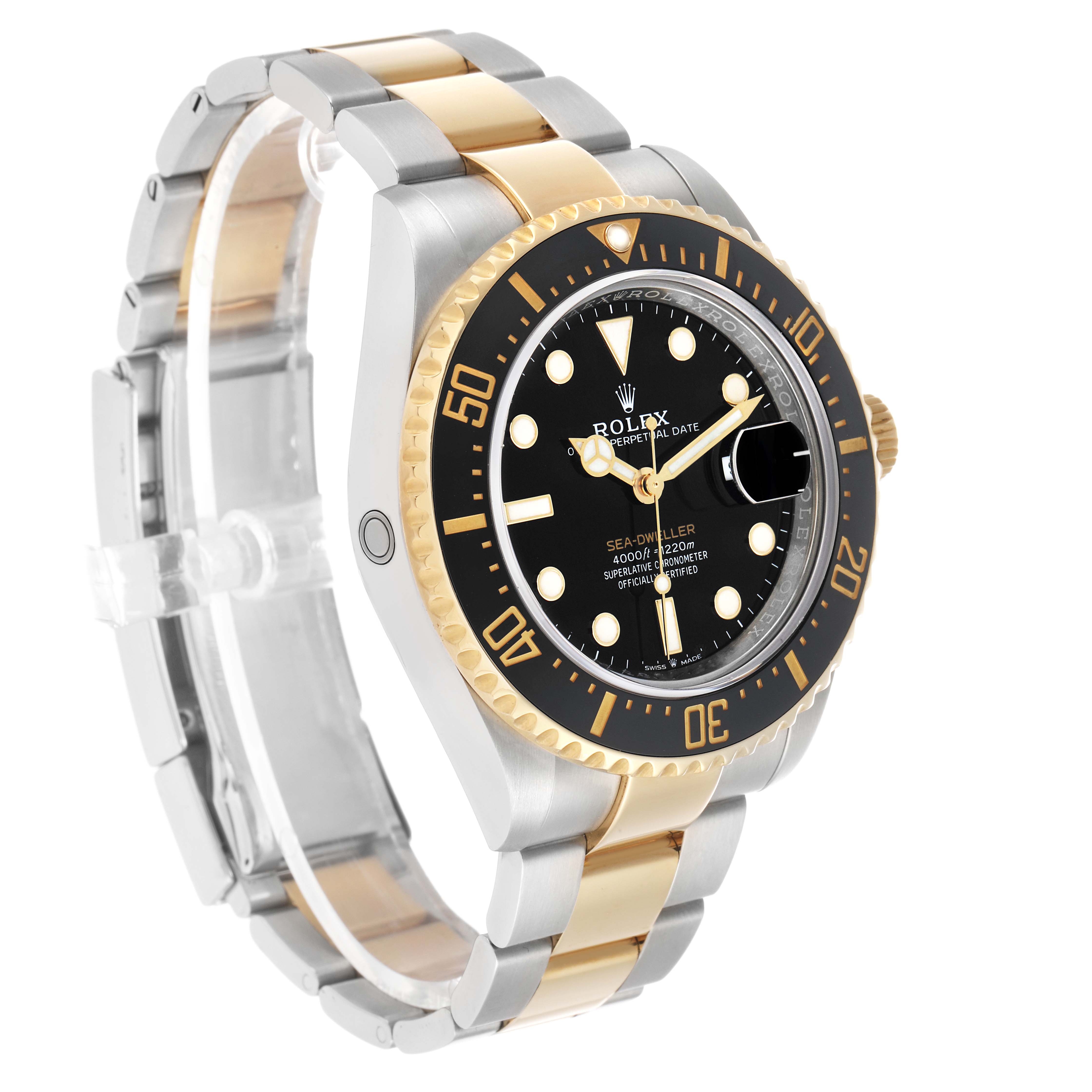 The Rolex Sea-Dweller 126603 Men's Steel and Gold (two tone) Black Dial watch is shown at a three-quarter angle, highlighting its two-tone bracelet, bezel, and face.