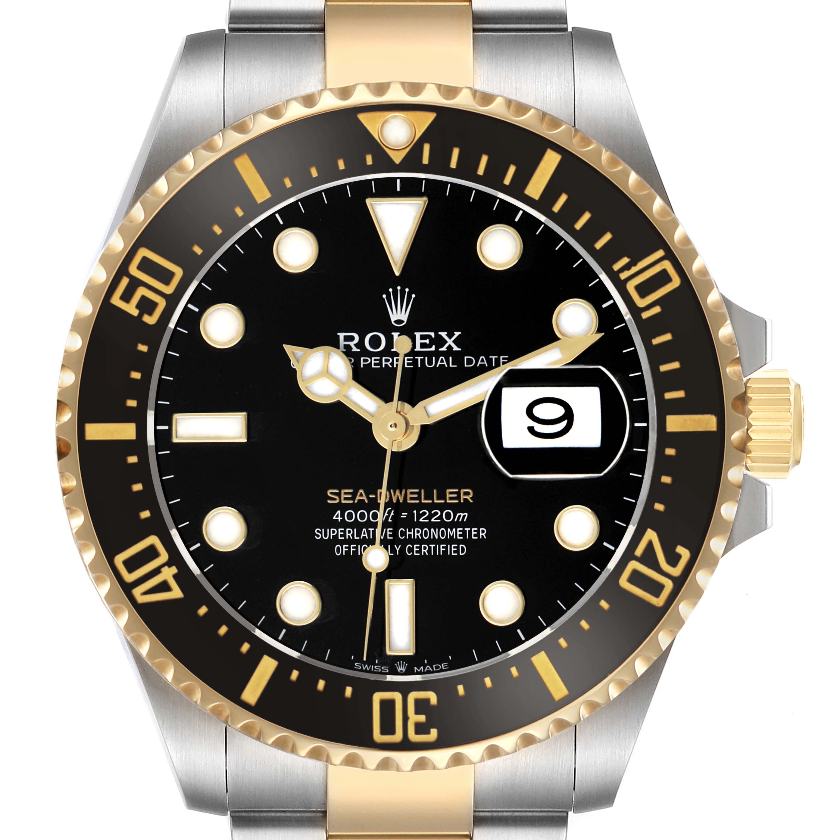 The Rolex Sea-Dweller 126603 Men's Steel and Gold (two tone) Black Dial watch is shown from a frontal view, highlighting the bezel, dial, and date window.