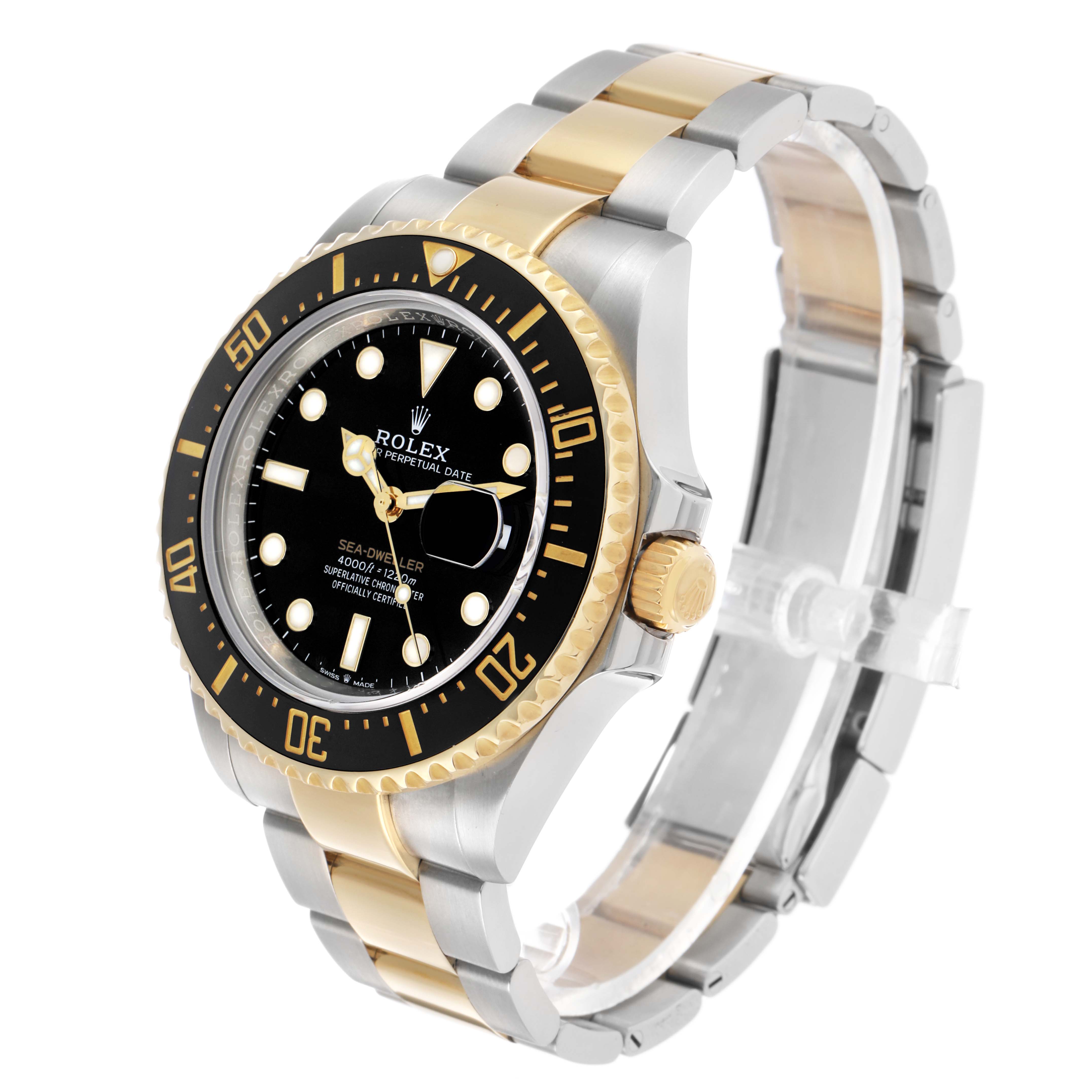 The Rolex Sea-Dweller 126603 Men's Steel and Gold (two tone) Black Dial is shown from a three-quarter angle, highlighting the bezel, crown, and two-tone bracelet.
